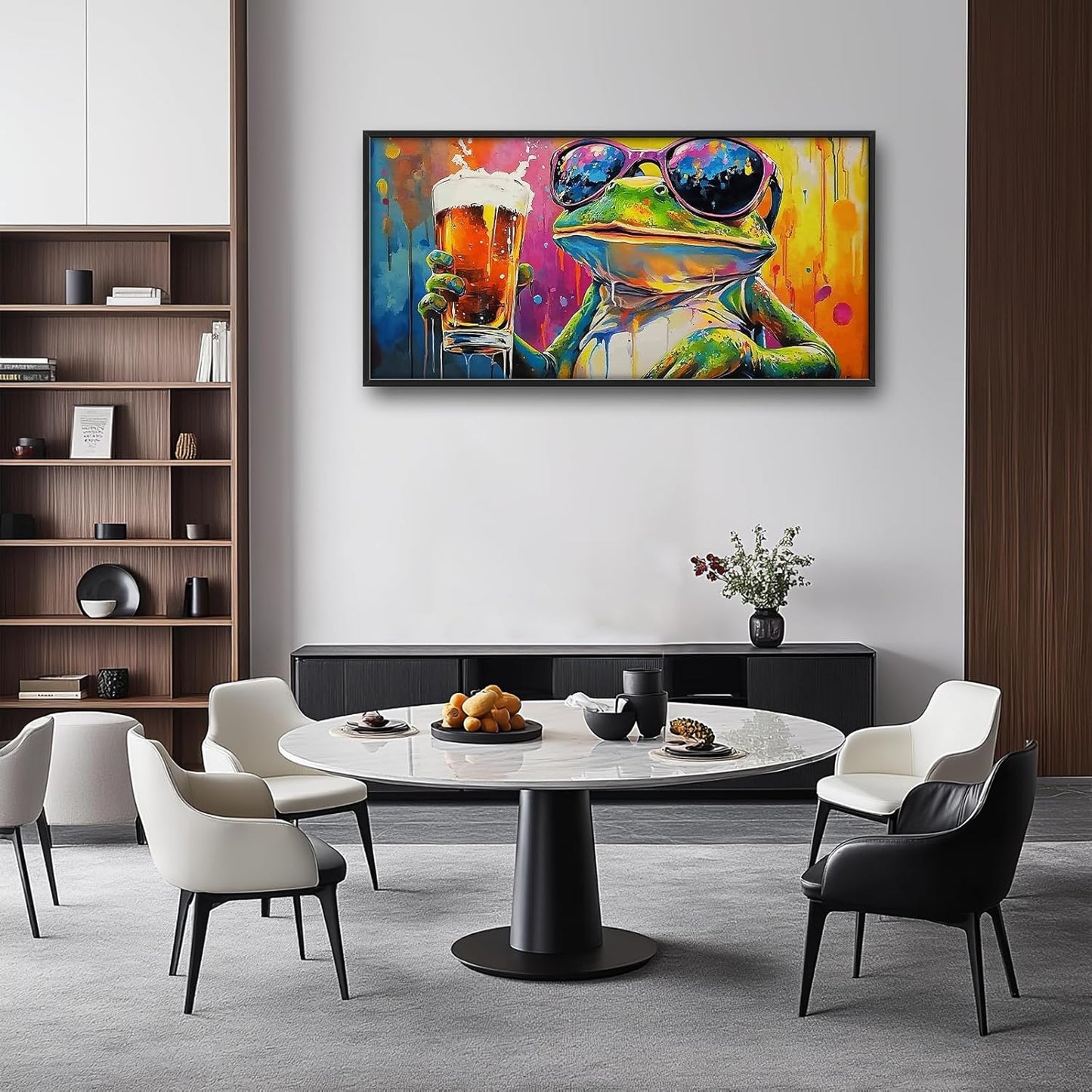 Large Graffiti Frog Wall Art for Living Room, Framed Oversized Funny Frog Beer Wall Decor Colorful Animal Canvas Painting Modern Artwork for Bathroom Bedroom Office Dining Room 60"x30"