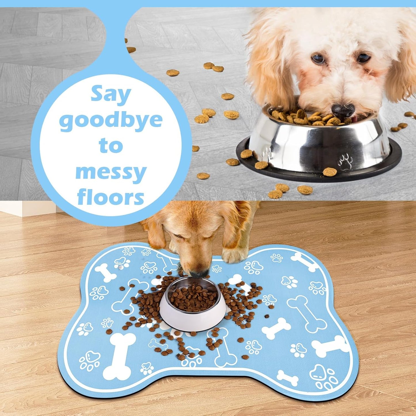 Dog Cat Mat for Food and Water,Rapid Absorbent Pet Feeding Mat, Bone Shaped Dog Placemat Bowl Mat with Rubber Backing,No Stains Pet Food Mats Indoor, Pet Accessories Supplies,Blue 12"×18"