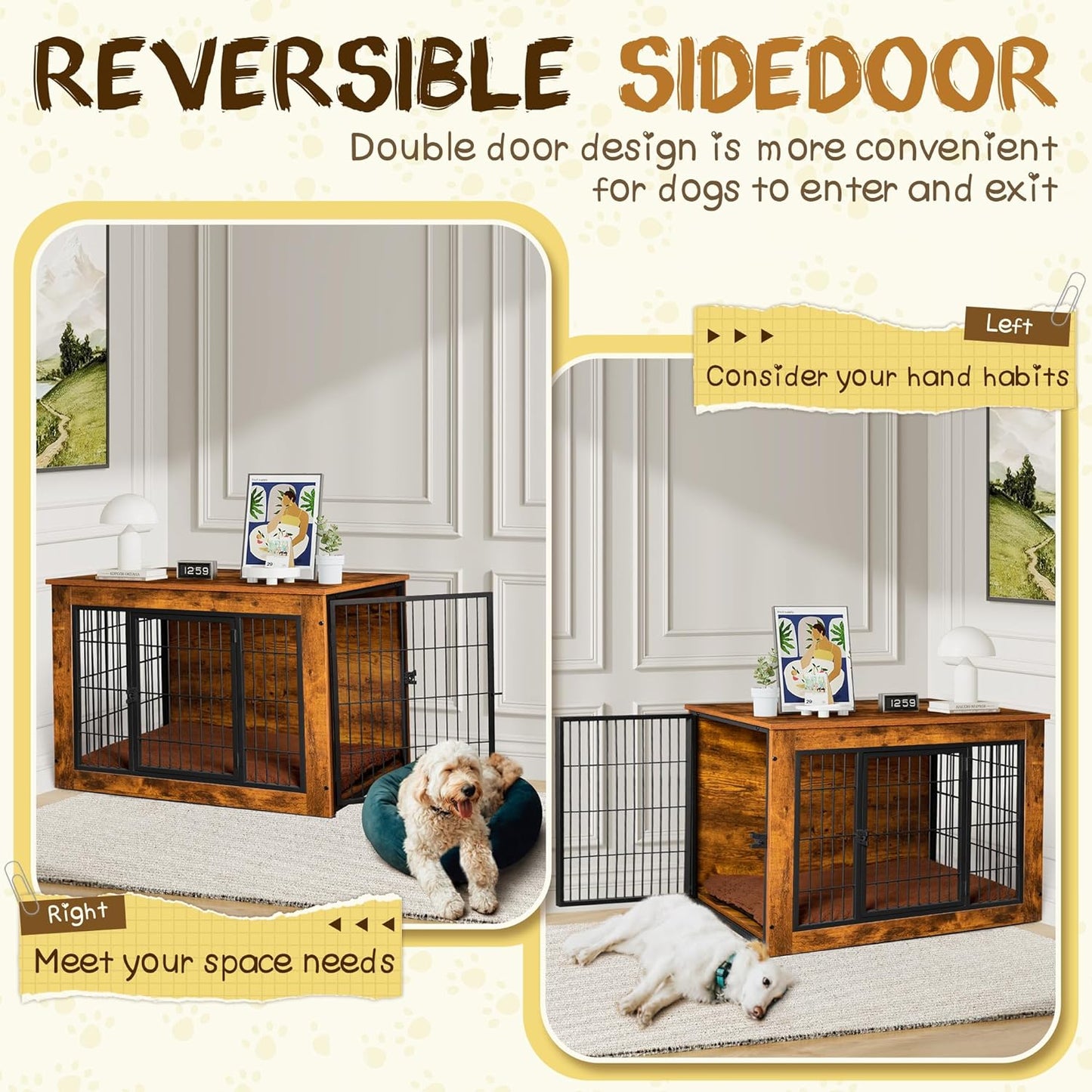 Bigrab Dog Crate Furniture with Thick Cushion, Side End Table Wooden Dog Cage with Double Doors, Chew-Resistant Dog Kennel Dog House Indoor for Small to Large Dog, L