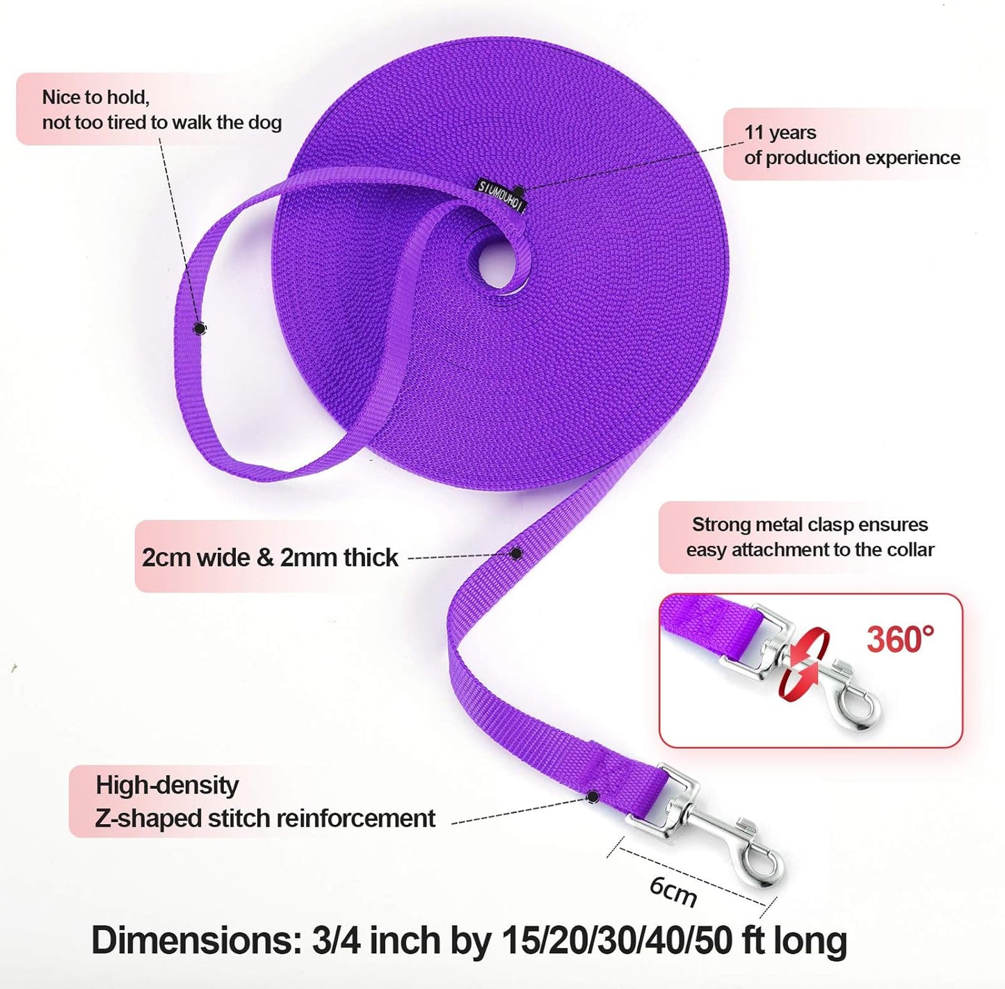 Dog/Puppy Obedience Recall Training Agility Lead - 20ft Long Training Leash，3/4in Wide - Great for Play, Camping, or Backyard（Purple,20 Feet）