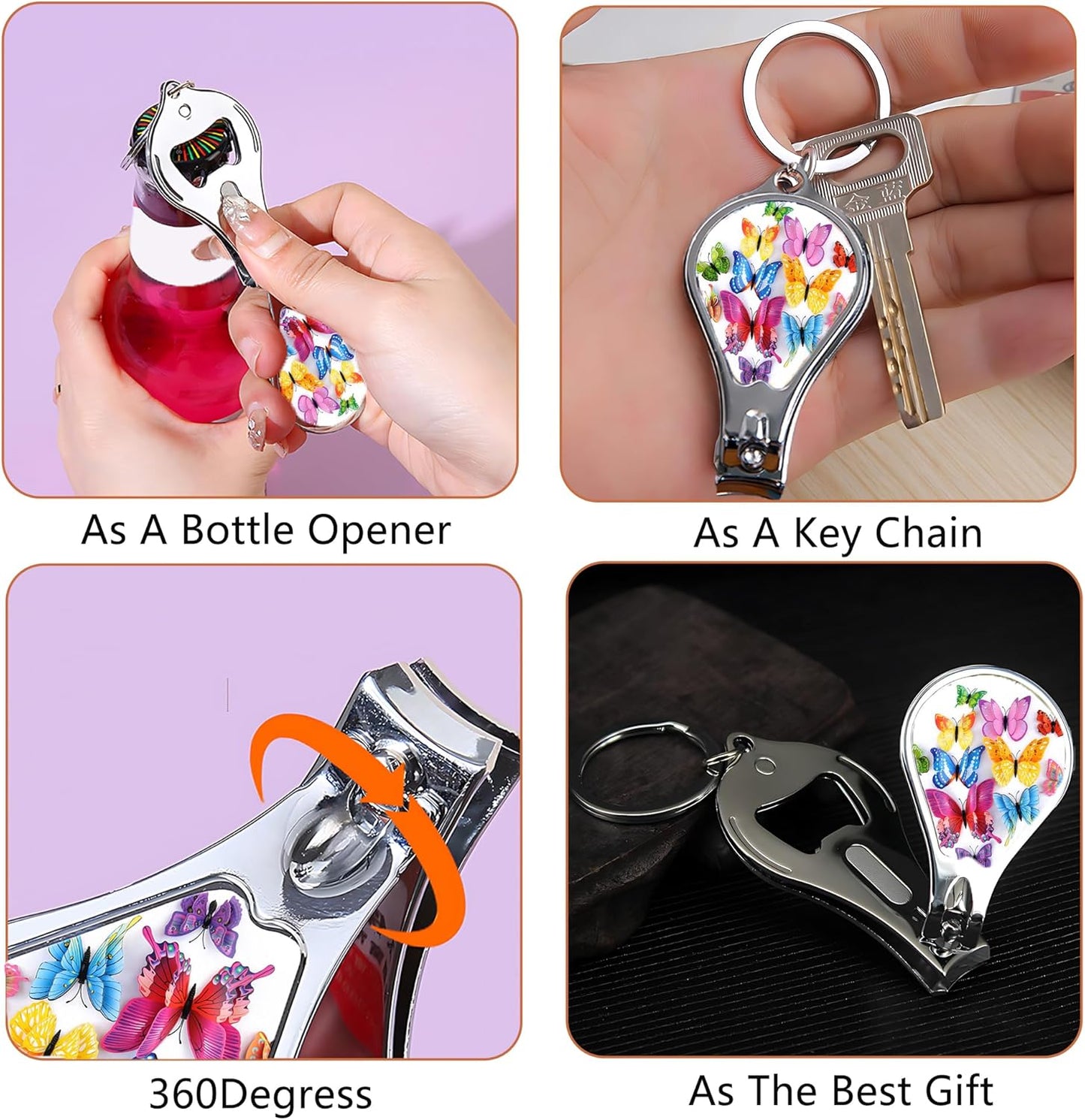 Nail Clippers with Key Chain Cute Stainless Steel Nail Cutter with File Professional Toenail Clipper for Men Multifunction Toenail Clipper 2 Pack Nique Cutter for Adult(Butterfly)