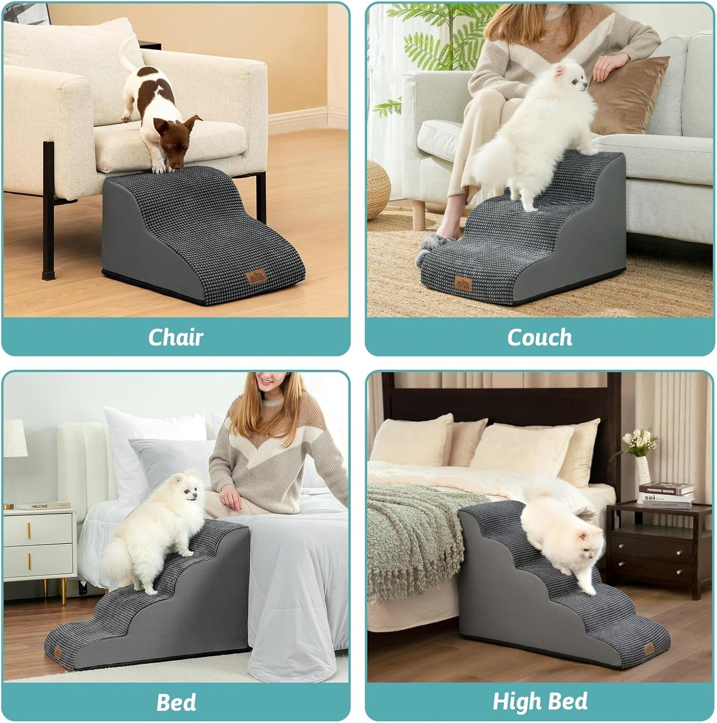 Dog Stairs for Small Dogs 19.7" H, Curved Dog Step for Puppy, Older or Cat, Medium Pet Ramp for Sofa, Couch or Bed, Ladder with High Density Foam, 15.7x28.3x19.7 inch, 4 Step, Dark Grey