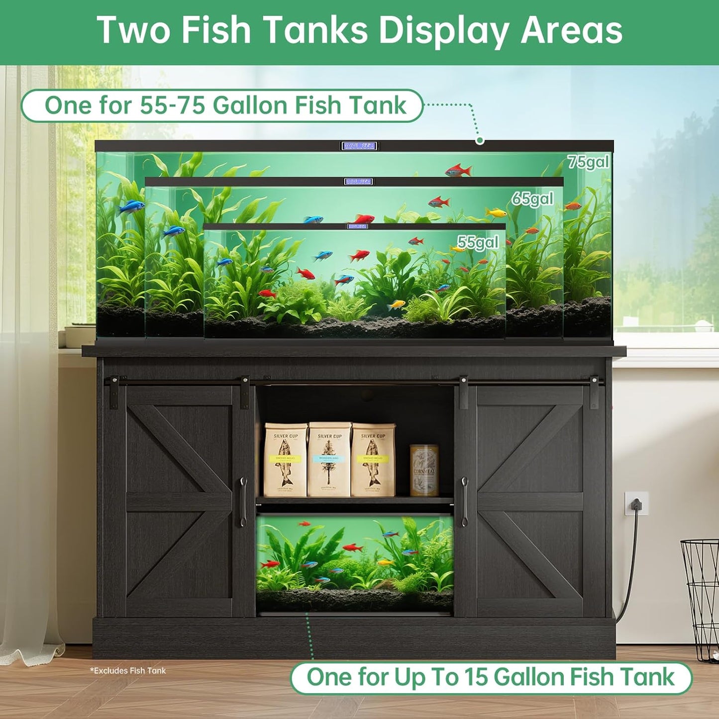 Fish Tank Stand Up to 75 Gallon, Aquarium Stand with Sliding Barn Doors & Power Outlet, Black Farmhouse Style Stand with Cabinet Storage for Fish Tank, Turtle Tank, Reptile Terrarium,1000LBS Capacity