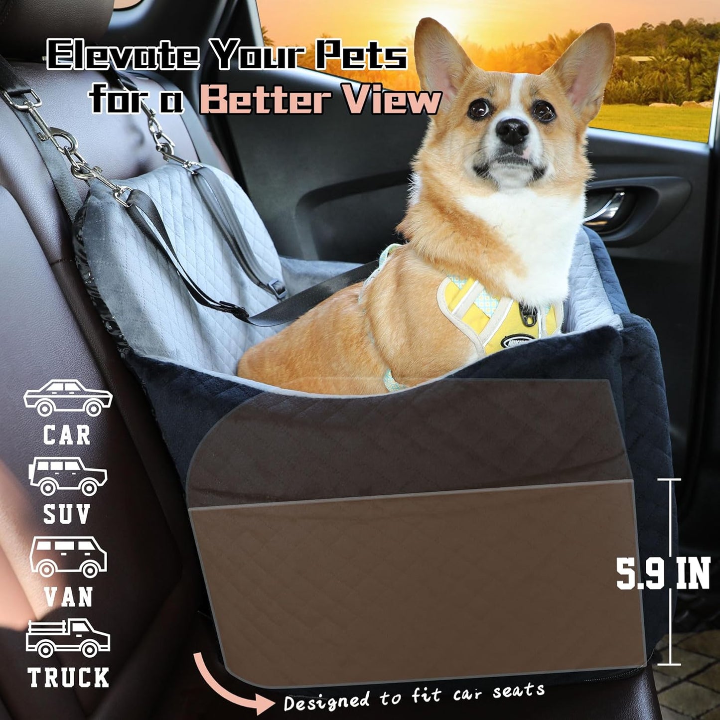 Dog Car Seat for Small/Medium Dogs,Pet Booster Seat with Harness,Memory Foam and Velvet,Safety Comfy Car Travel Pets Carrier,Interior Elevate,Washable and Detachable,Storage Pocket.(H-Black/Brown)