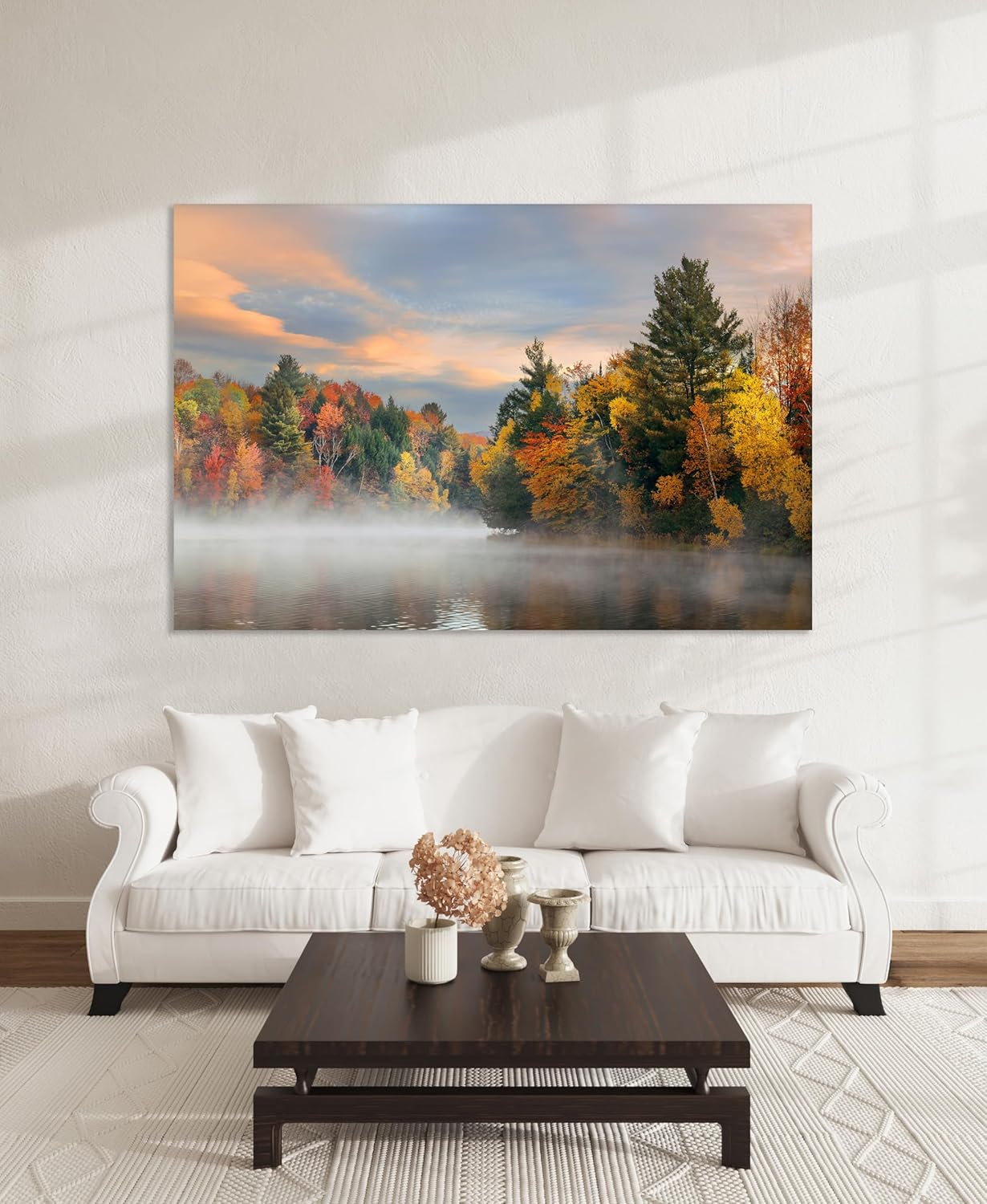 Nature Wall Art Prints - Ocean Forest Mountain Lake Canvas Landscapes - Small to Extra Large Living Room Bedroom Kitchen Bathroom Décor (Misty Fall Reflection, 16L" x 24W")