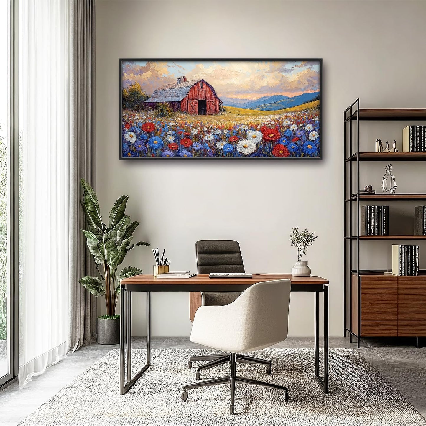 Large Farmhouse Barn Daisy Wall Art for Living Room, Floral Landscape Canvas Oversized Wall Decor, Flower Scenery Framed Pictures Painting Print Artwork for Bedroom Office 60"L x 30"W