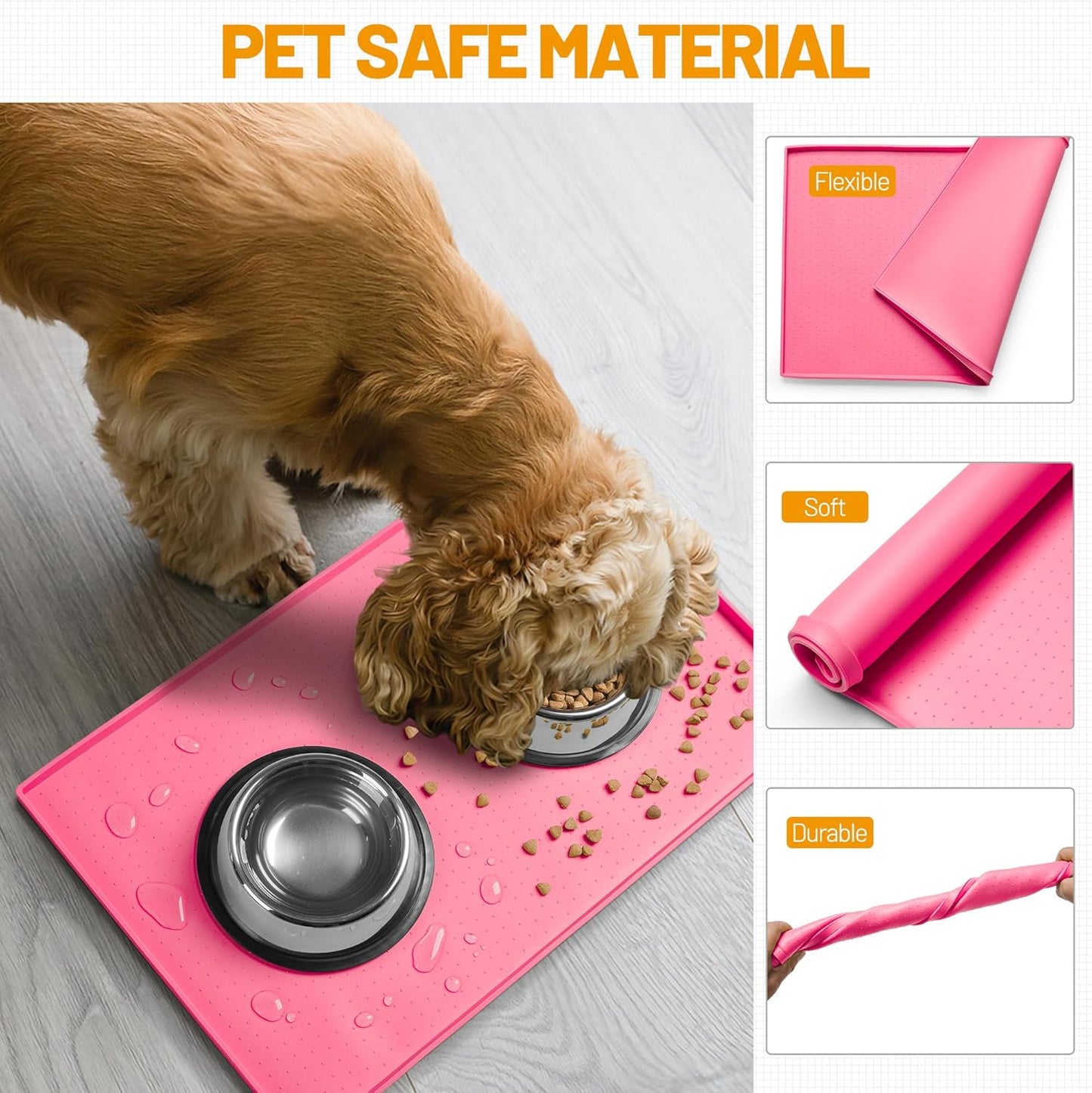 Hubulk Dog Feeding Mat,100% Waterproof Food Grade Silicone Pet Food and Water Bowl Placemat,Dishwasher, High Raised Edge to Prevent Spills,Nonslip Tray to Stop Messes on Floor（28"x18"x0.8", Pink）