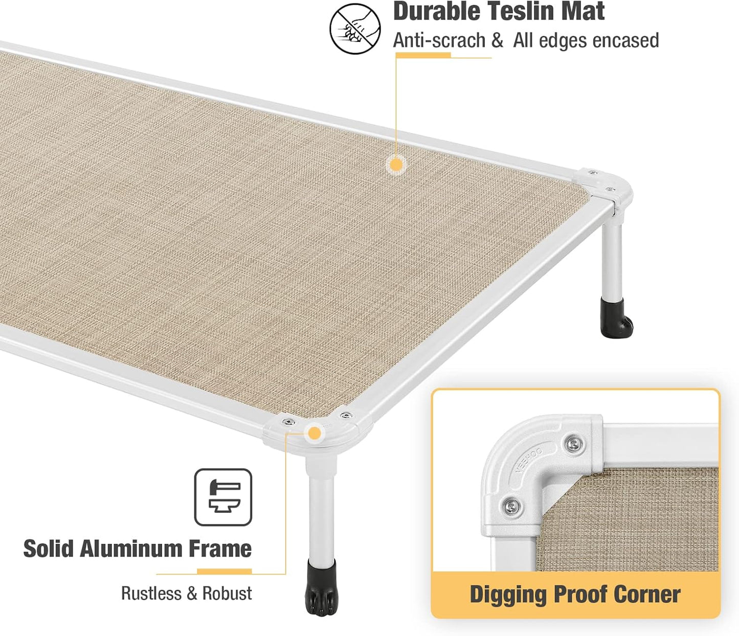Veehoo Chew Proof Elevated Dog Bed - Cooling Raised Pet Cot - Silver Aluminum Frame and Durable Textilene Mesh Fabric, Unique Designed No-Slip Feet for Indoor or Outdoor Use, Beige Coffee, Large