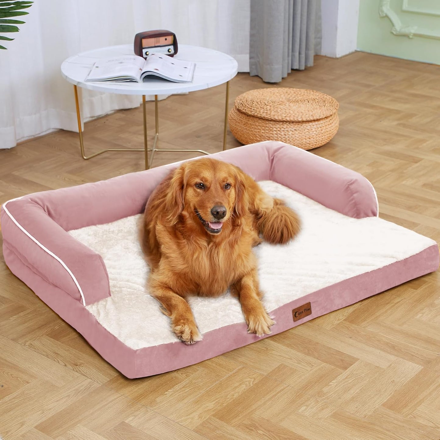 Orthopedic Dog Beds for Large Dogs, Waterproof Dog Beds, Memory Foam Dogs Couch Beds, Comfy Bolster Pet Beds with Removable Washable Cover, Nonskid Bottom (Large,Pink)