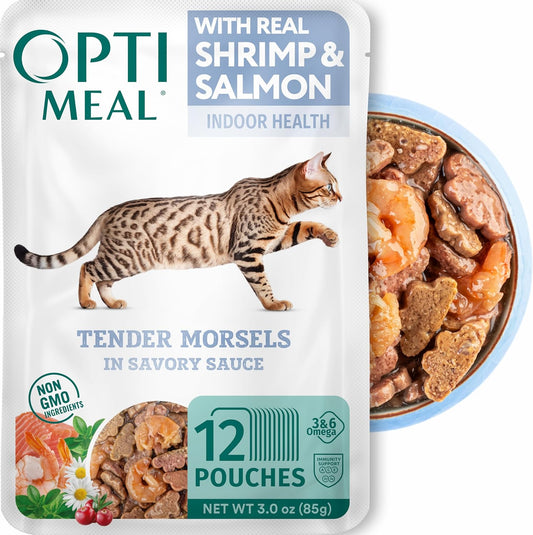 Optimeal Grain-Free Wet Cat Food – Shrimp & Salmon Recipe, High Protein & Moisture Rich Indoor Adult Cats Food, Tender Morsels in Savory Gravy Natural Ingredients - 3 oz Pouches, 12 Pack