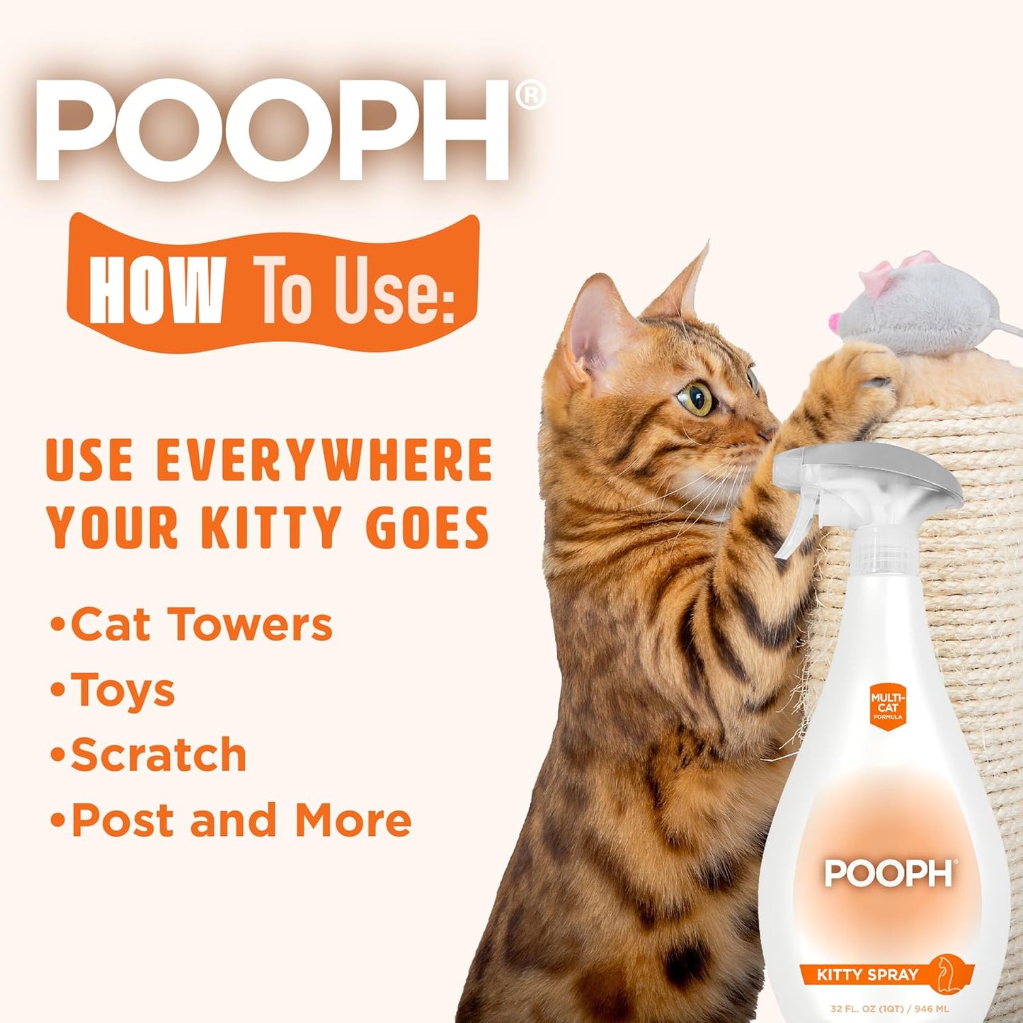 POOPH Kitty Spray - Odor Eliminator, 32oz - Dismantles Odors on a Molecular Basis, Cats, Freshener, Eliminator, Urine, Poop, Pee, Deodorizer, Fresh, Clean, Furniture, Potty, Safe - 2 Pack