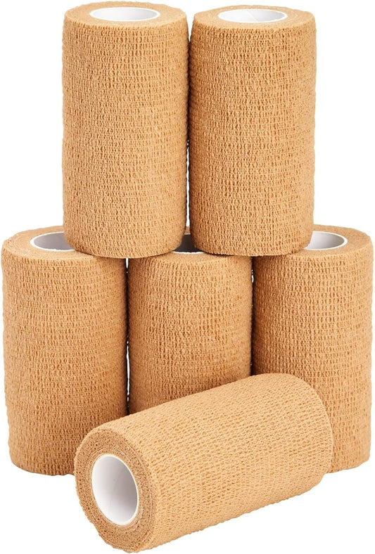 Juvale Elastic Bandage Wrap Self-Adherent Cohesive Tape 6 Rolls - Elastic Cohesive Tape with Stretchable Support - Breathable Vet Wrap for Wrist, Swelling, Sports, Tattoo (4 in x 5 Yds)