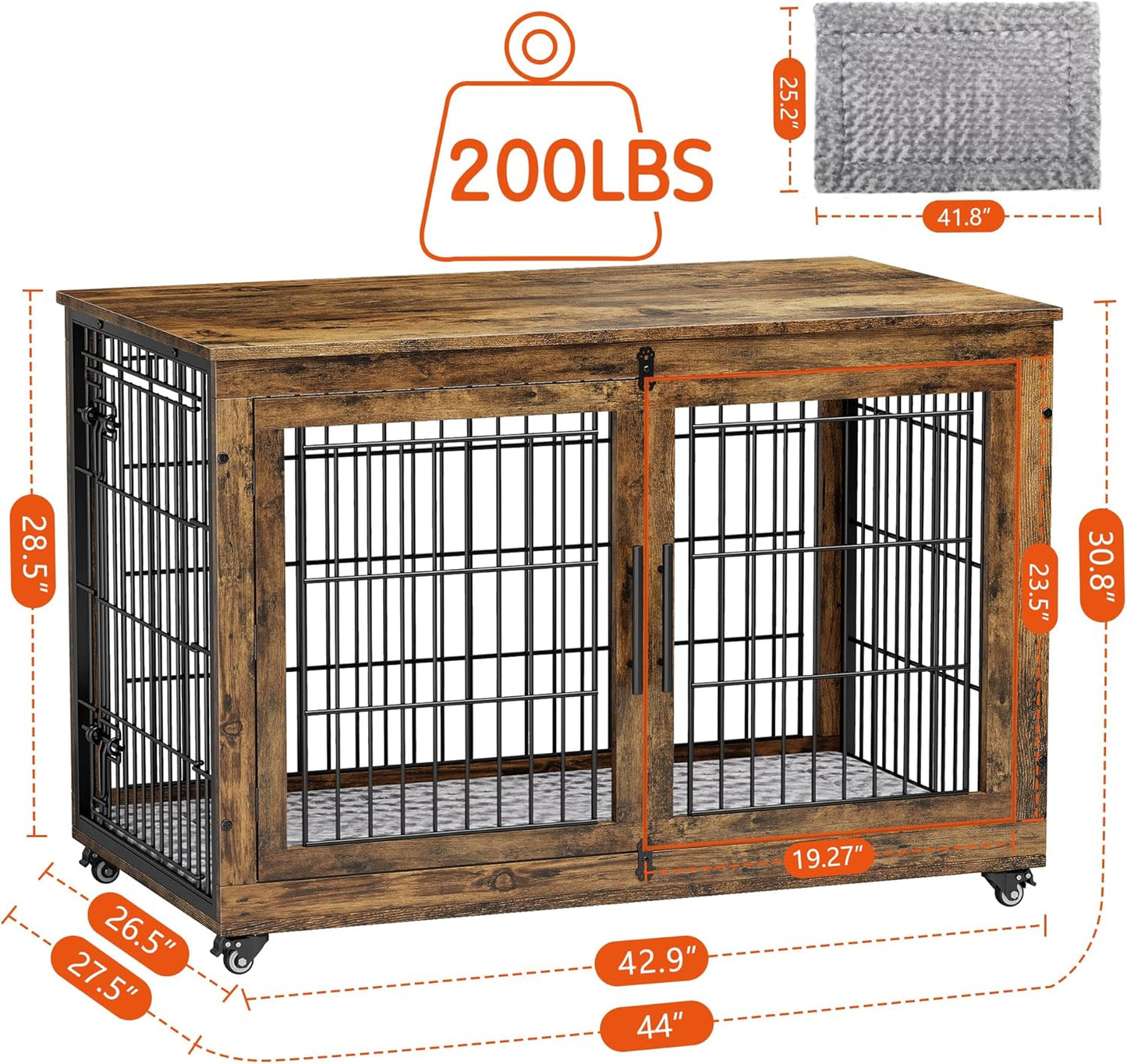 Lulive Dog Crate Furniture, XL Wooden Dog Kennel Indoor Double Doors Dog Cage, 44'' Heavy Duty Dog Crate with Cushion & Wheels, Decorative End Table Pet House Chew-Resistant for Large Dogs, Brown