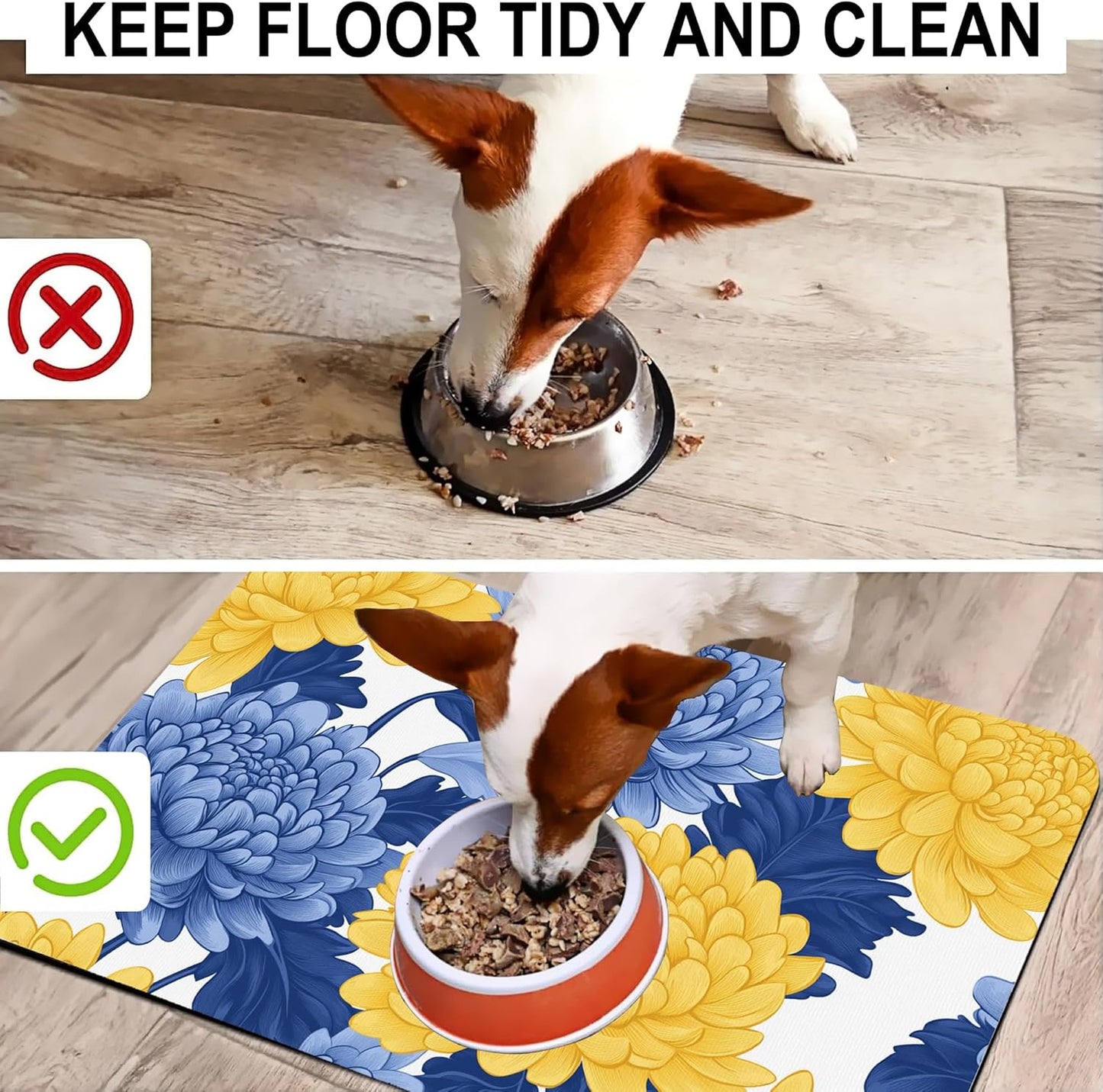 Blue Yellow Flowers Pet Cat Dog Food Mat-Absorbent Quick Dry Feeding Placemat for Water and Food, No Stains Rubber Base Mat for Indoor Use, Pet Accessories 16"x24"