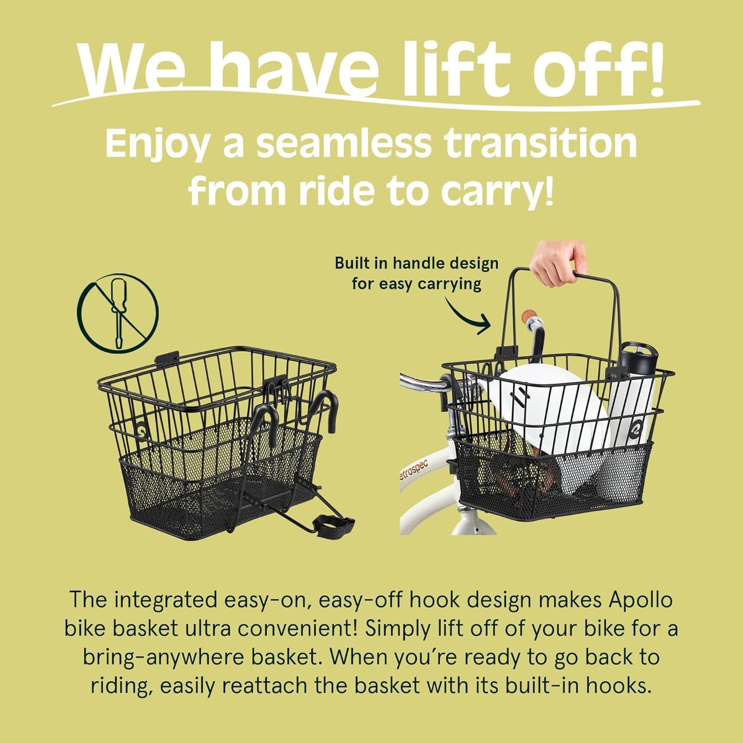 Retrospec Apollo Detachable Front Bike Basket Steel Half-Mesh with Integrated Detachable Hooks and Built-In Handle, Easy Assembly and Portability for Bicycles