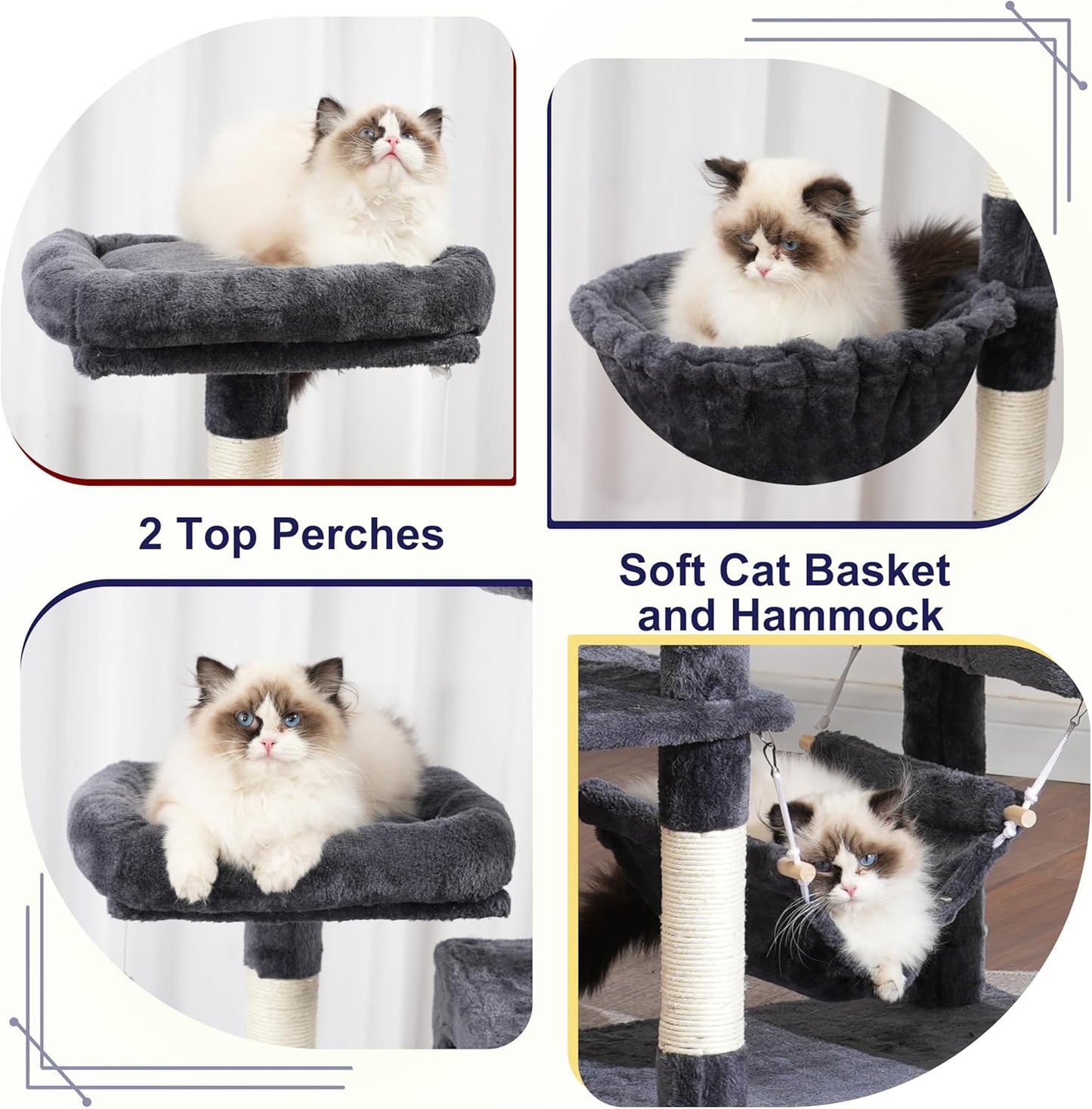 Cat Tree for Indoor Cats, 71'' (180cm) Multi-Level Cat Tower for Large Adult, Sturdy Cat Tree House with 2 Scratching Boards 7 Posts, 2 Plush Perches/Condos, Hammock, Smoky Gray GCT032G