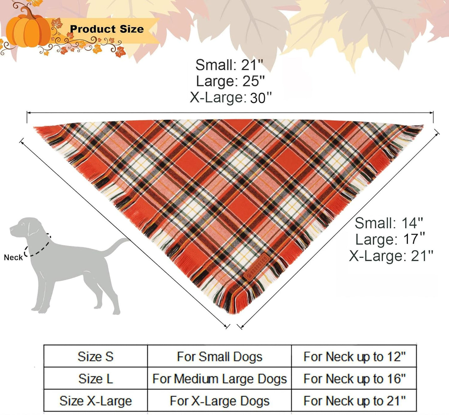 ADOGGYGO Fall Dog Bandana with Tassels Edges, Stylish Orange Plaid Pet Scarf, Multiple Size, Thanksgiving Halloween Fall Bandanas for Extra Large Dogs (X-Large)