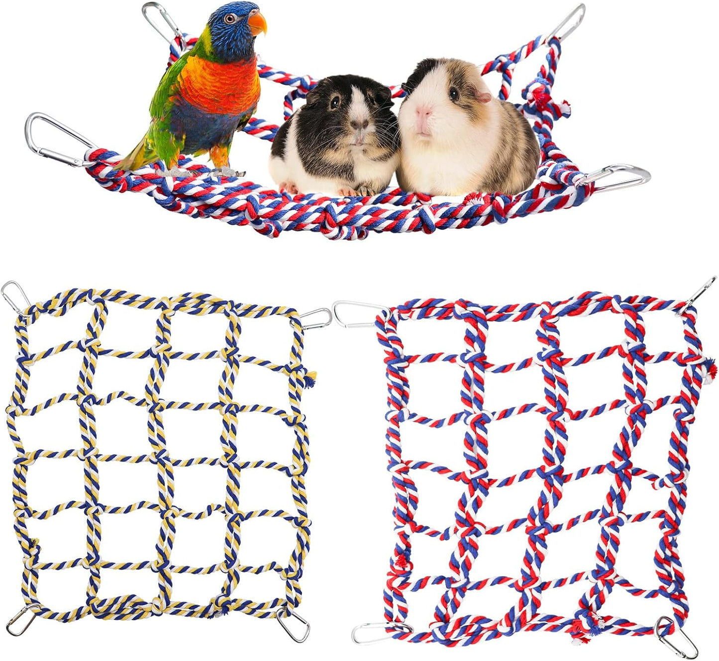 2 Pack Large Colorful Bird Rope Net, 14 × 10 Inches Rat Climbing Rope Net, Pet Hanging Hammock, Bird Ladder Rope Bridge, Small Animal Rope Net Toy, Cage Accessories for Rat Hamster Bird Ferret