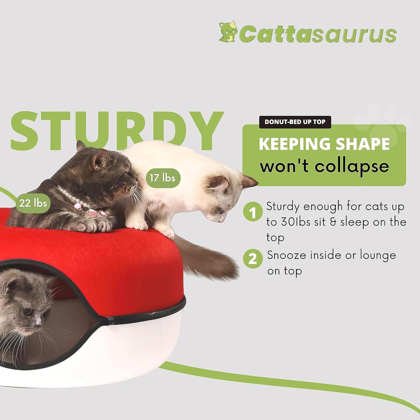 CATTASAURUS Peekaboo Cat Cave for Multiple & Large Cats Up to 30-45 Lbs, Scratch Detachable & Washable Tunnel Bed, Comfy Donut Cat Cave (Ruby Snowball, Large)