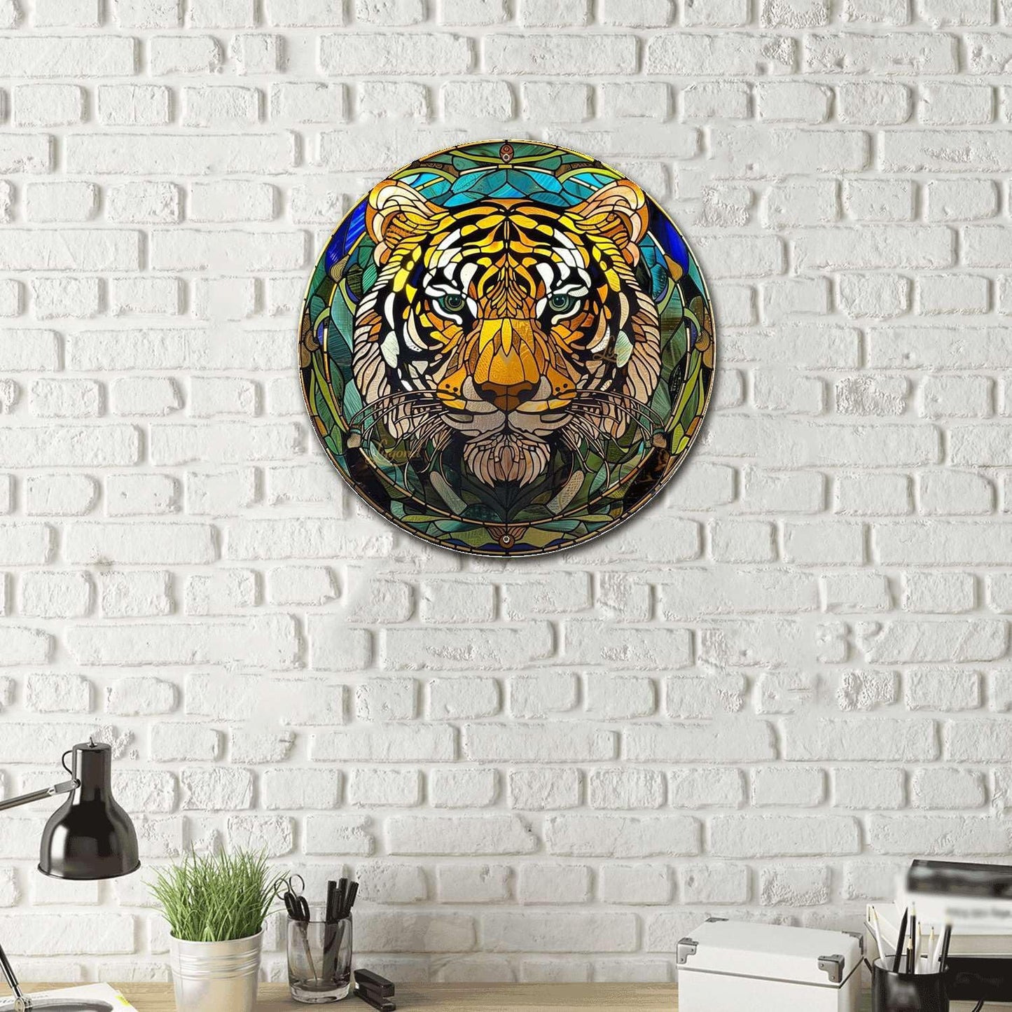 Lygond Metal Sign Tin Sign Circular Stained Glass Tigle Tin Signs Gardening For Pet 8×8 Inches