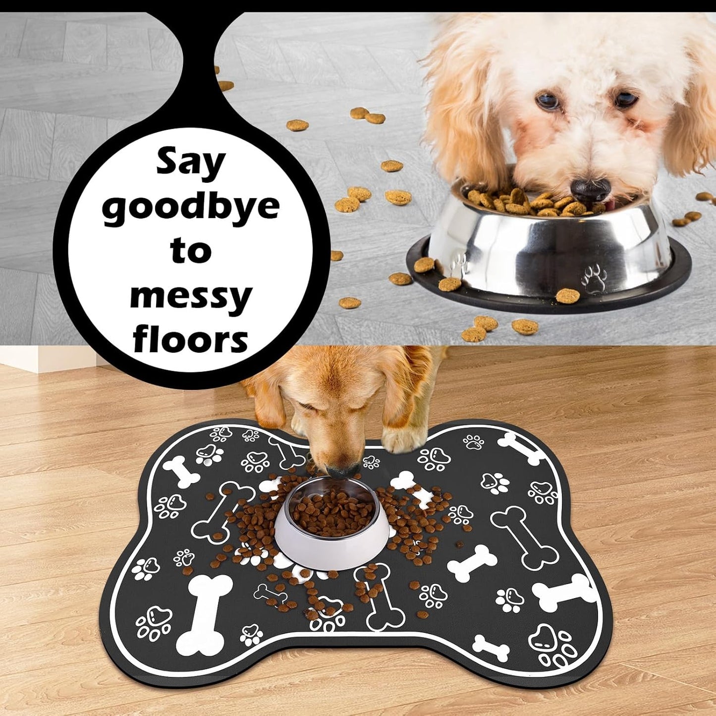 Dog Cat Food Mat,Rapid Absorbent Pet Feeding Mat, Bone Shaped Dog Placemat Water Bowl Mat with Rubber Backing,No Stains Dog Cat Food Mats Indoor, Pet Accessories Supplies 17"×29" Black