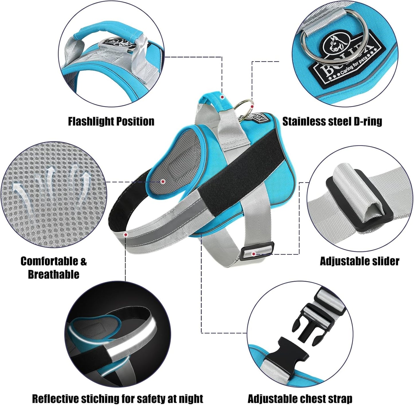 Bolux Dog Harness, No-Pull Reflective Dog Vest, Breathable Adjustable Pet Harness with Handle for Outdoor Walking - No More Pulling, Tugging or Choking (OceanicBlue, X-Small (Pack of 1))