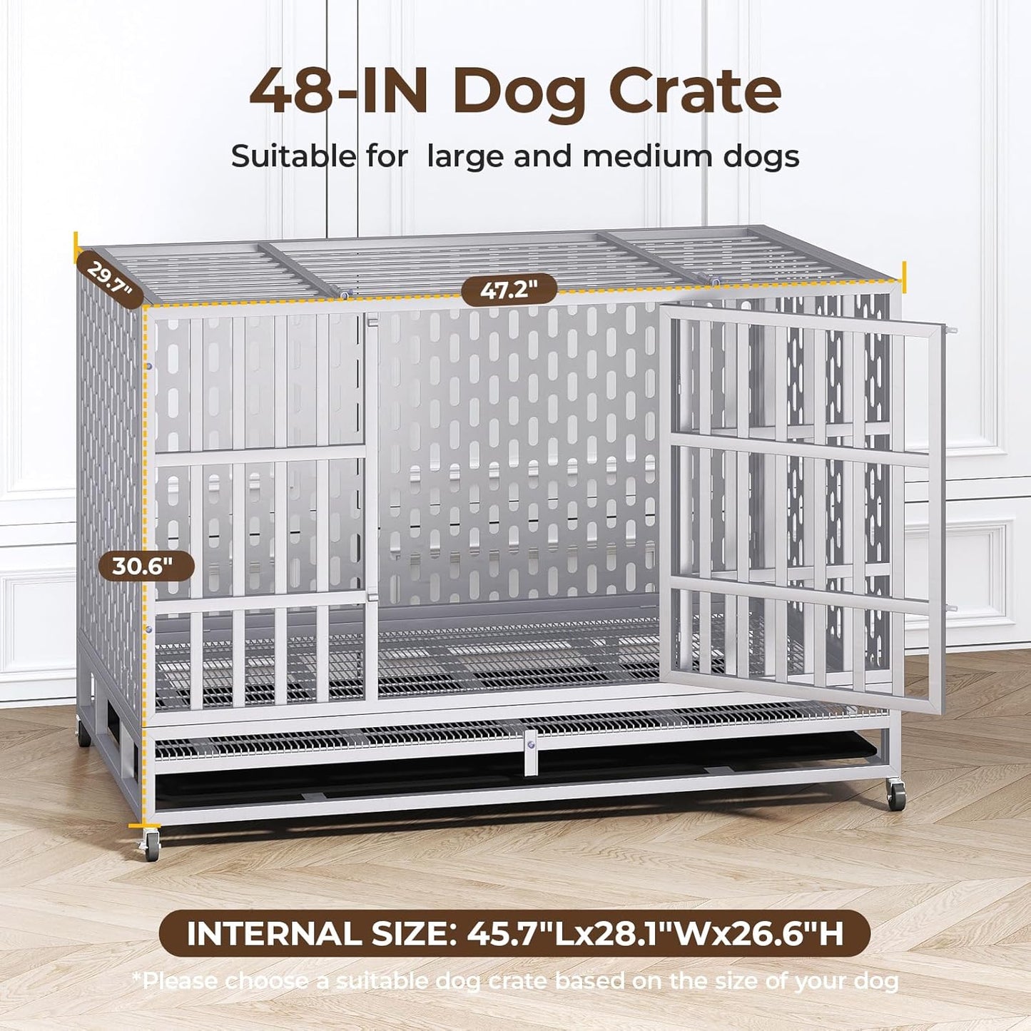 48 Inch Heavy Duty Indestructible Dog Crate Steel Escape Proof, Indoor Double Door High Anxiety Cage, Kennel with Wheels, Removable Tray,Silver,Extra Large XL XXL