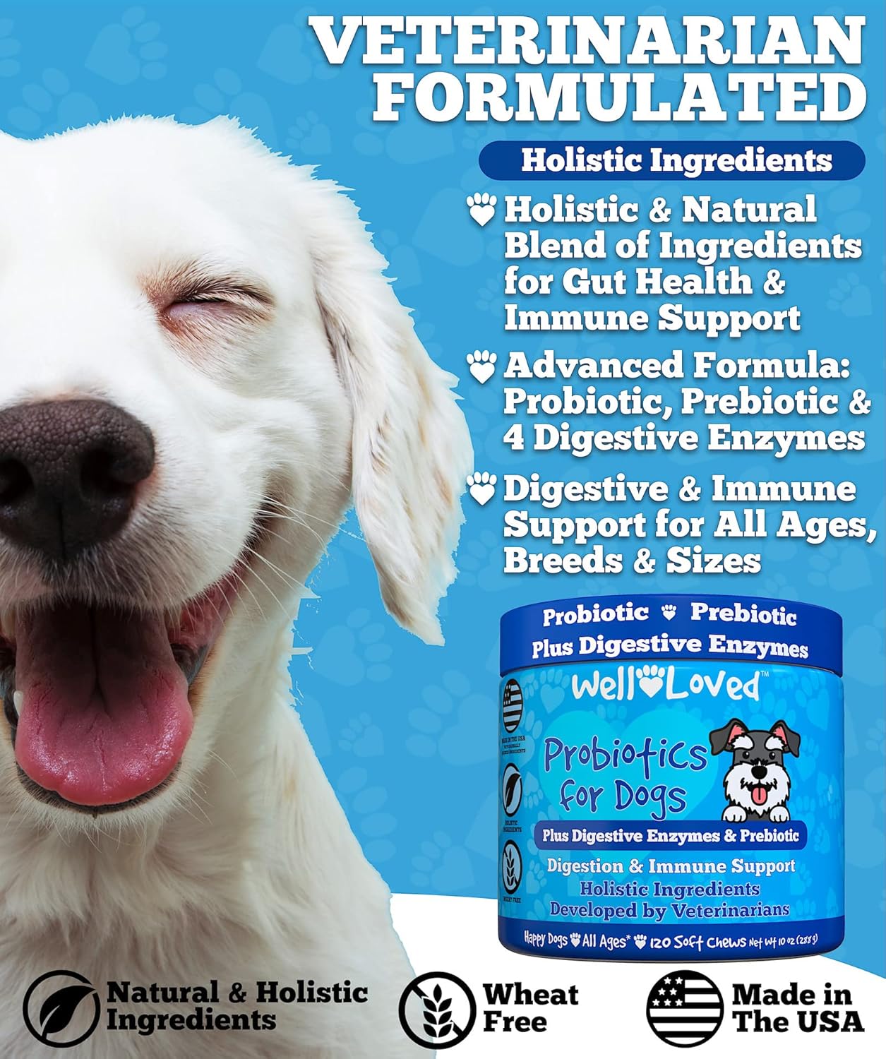 Probiotics for Dogs, Dog Probiotics, Made in USA, Vet Developed for Gut Health, Yeast Balance, Itchy Skin, Diarrhea & Gas Relief, Chews with Prebiotic & Digestive Enzymes, Digestive Support