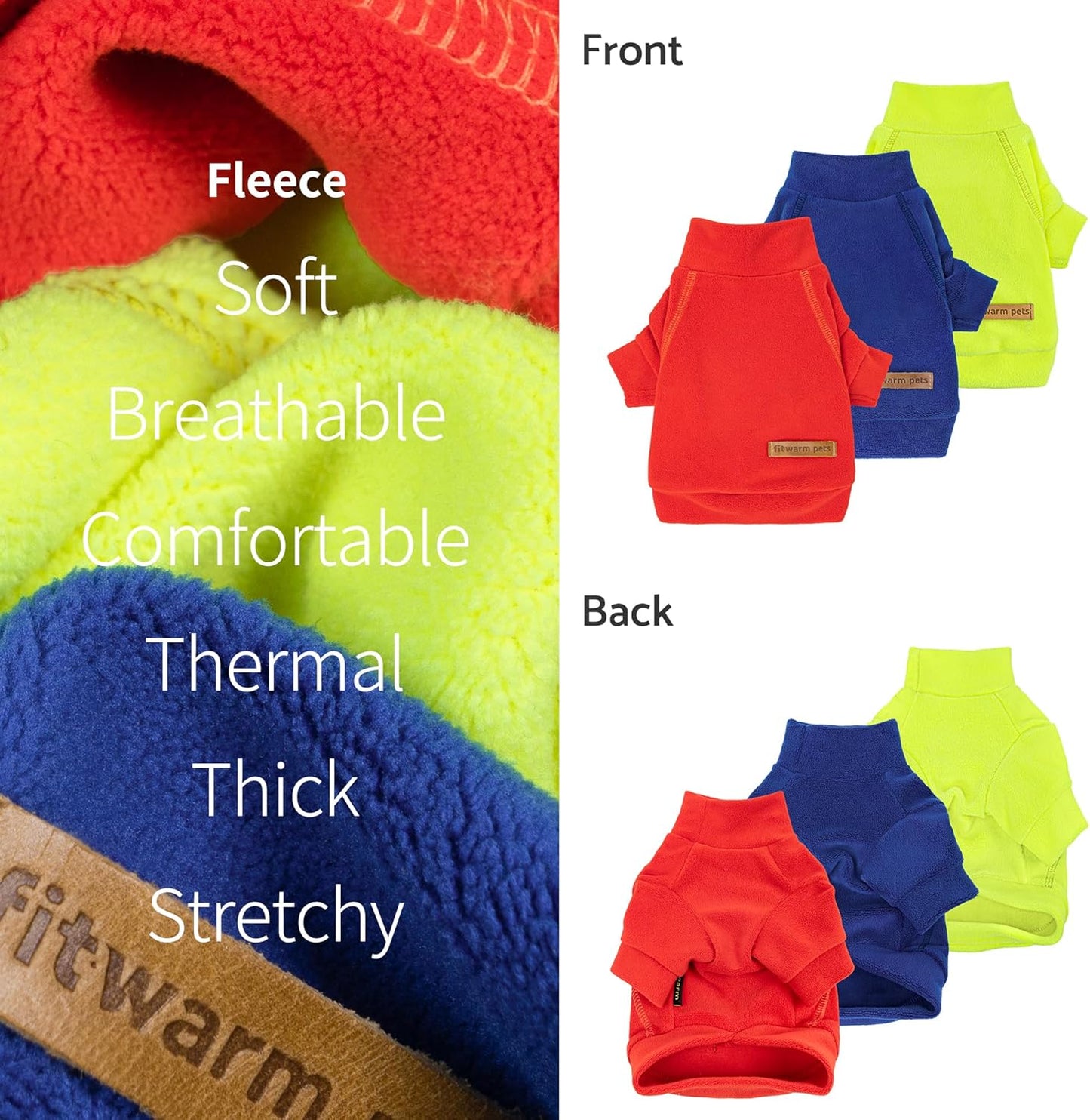 Fitwarm 3 Pack Classic Fleece Dog Sweater, Winter Clothes for Small Dogs Boy Girl, Turtleneck Dog Sweatshirt, Pet Apparel, Orange Red, Royal Blue, Neon Yellow, Medium