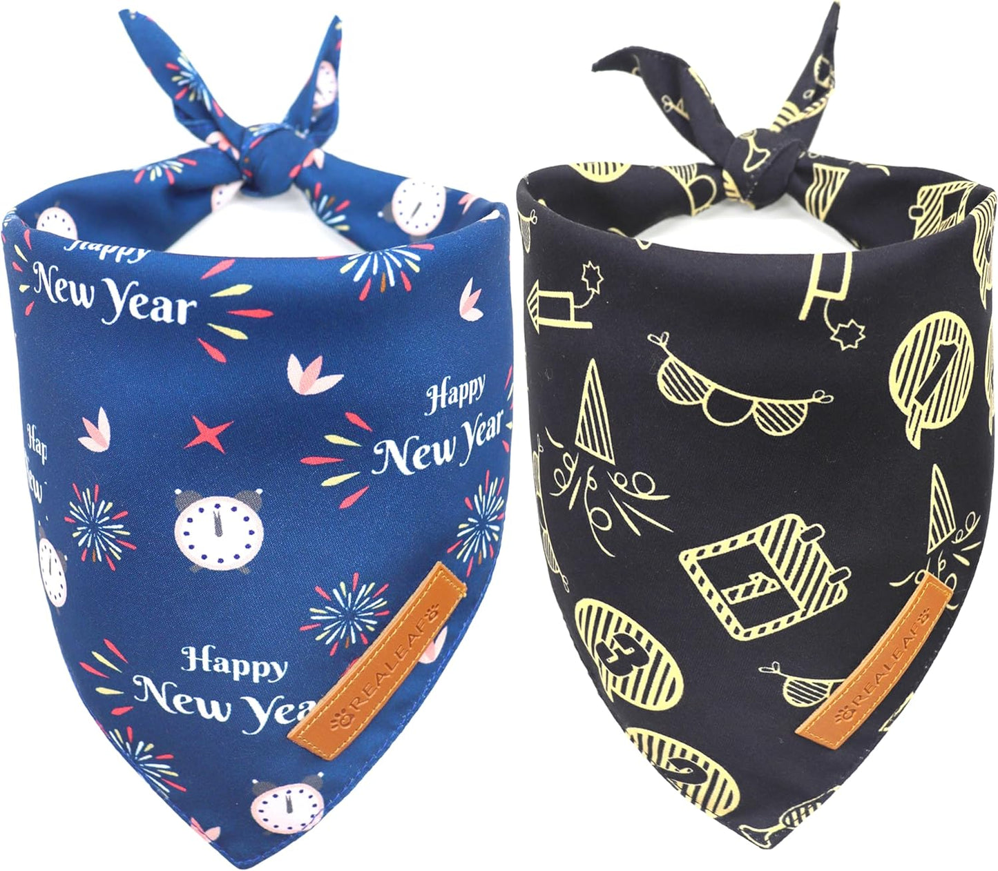 Realeaf Happy New Year Dog Bandanas 2 Pack, Reversible Holiday Pet Scarf for Boy and Girl, Premium Durable Fabric, Bandana for Small Medium Large and Extra Large Dogs (Small)