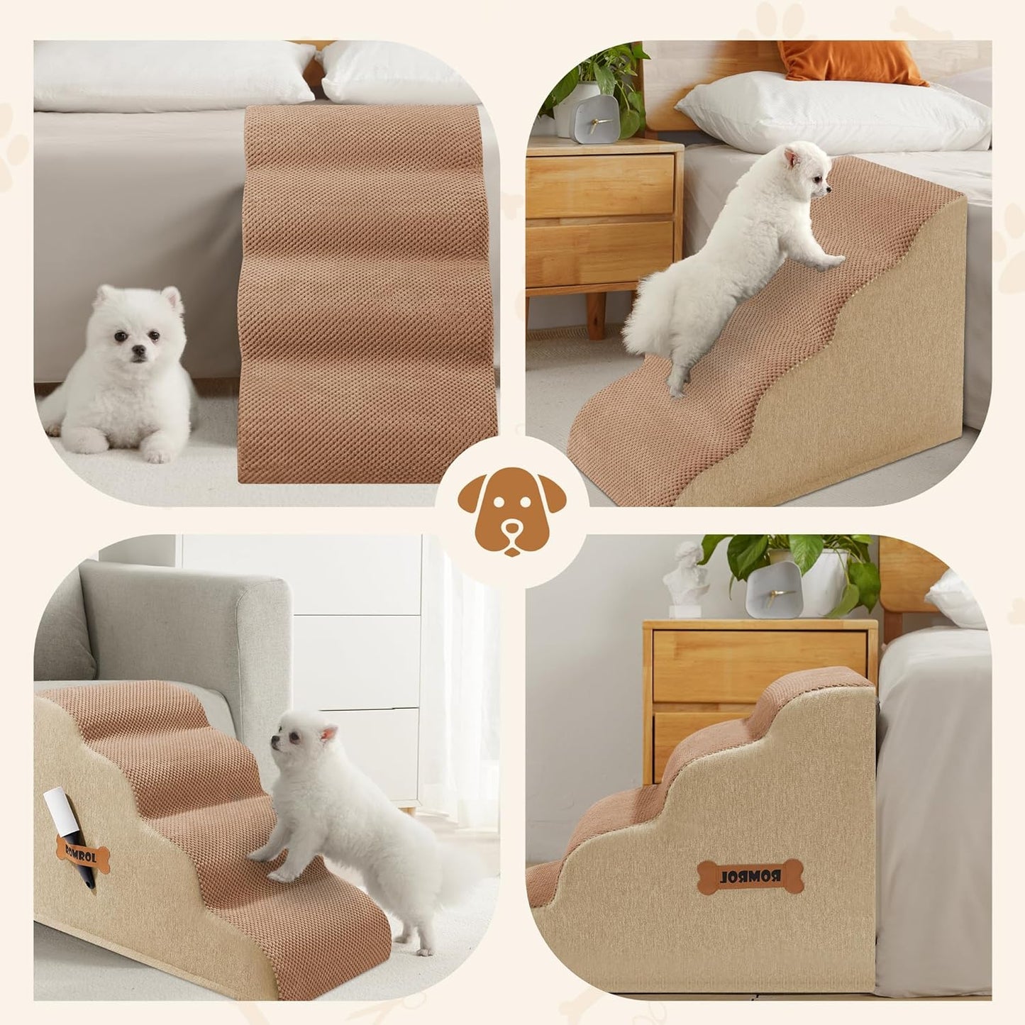 Dog Stairs, Romrol Dog Steps Ramp for High Bed and Couch, Dogs Ramp with Durable Non-Slip Waterproof Fabric Cover, Pet Stairs for Small Dogs and Cats or Pets Joints, 4-TiersLight Brown
