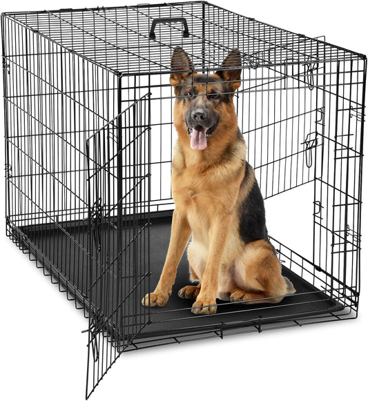 DUMOS Dog Crate, 42 Inch Large Double Door Dog Cage with Divider Panel and Plastic Leak-Proof Pan Tray, Folding Metal Wire Pet Kennel for Indoor, Outdoor, Travel
