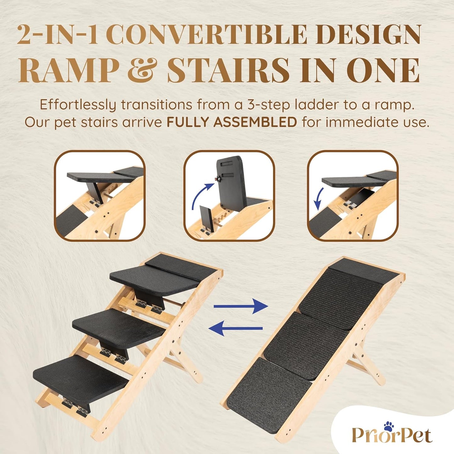 Dog Steps for Bed & Couch 2-in-1 Dog Stairs/Ramp - Height Adjustable Dog Ramp for Couch 7” - 20” - Pet Stairs, Dog Stairs for Small Dogs - Easy to Move Pet Steps with Landing Platform, Natural