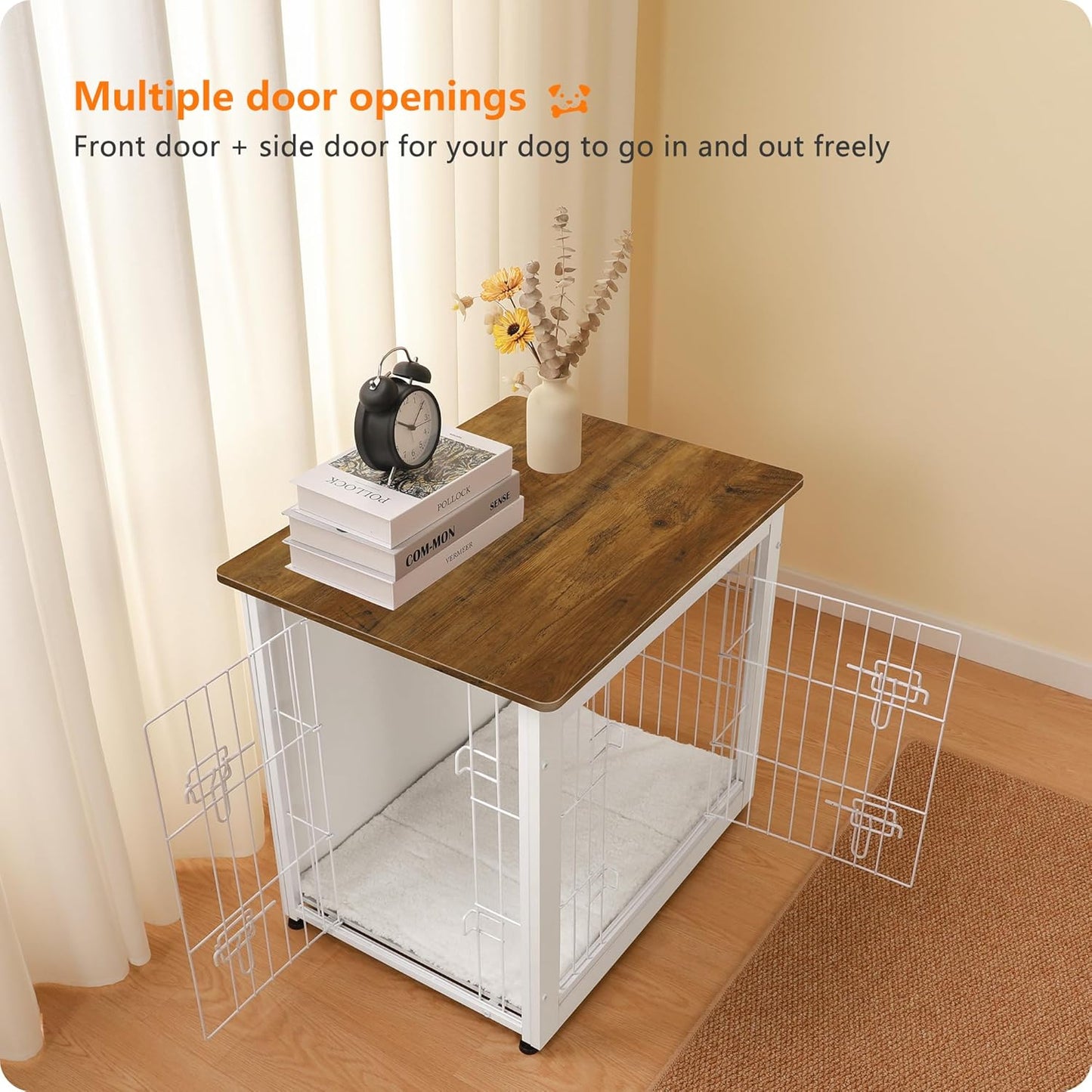 DWANTON Dog Crate Furniture with Cushion, Wooden Kennel Table with Double Doors, Indoor Dog House, Small/Medium/Large Size, 27.2" L, White+Warm Brown