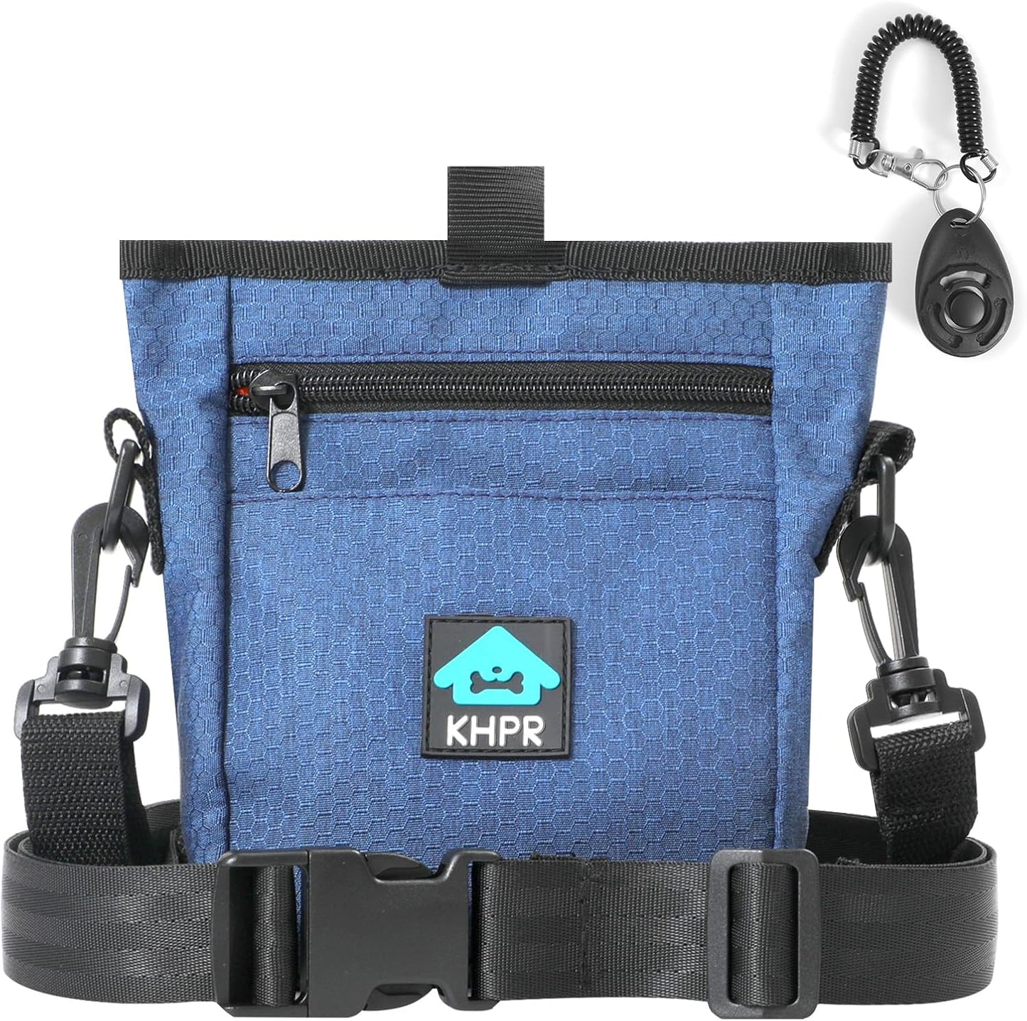 Dog Treat Pouch Magnetic Closure with Training Clicker，Hands-Free Design to Prevent Spills，Built in Poop Bag Dispenser，3 Ways To Wear，Metal Clip Waist Belt and Fanny Pack for Pet Walking（Blue）