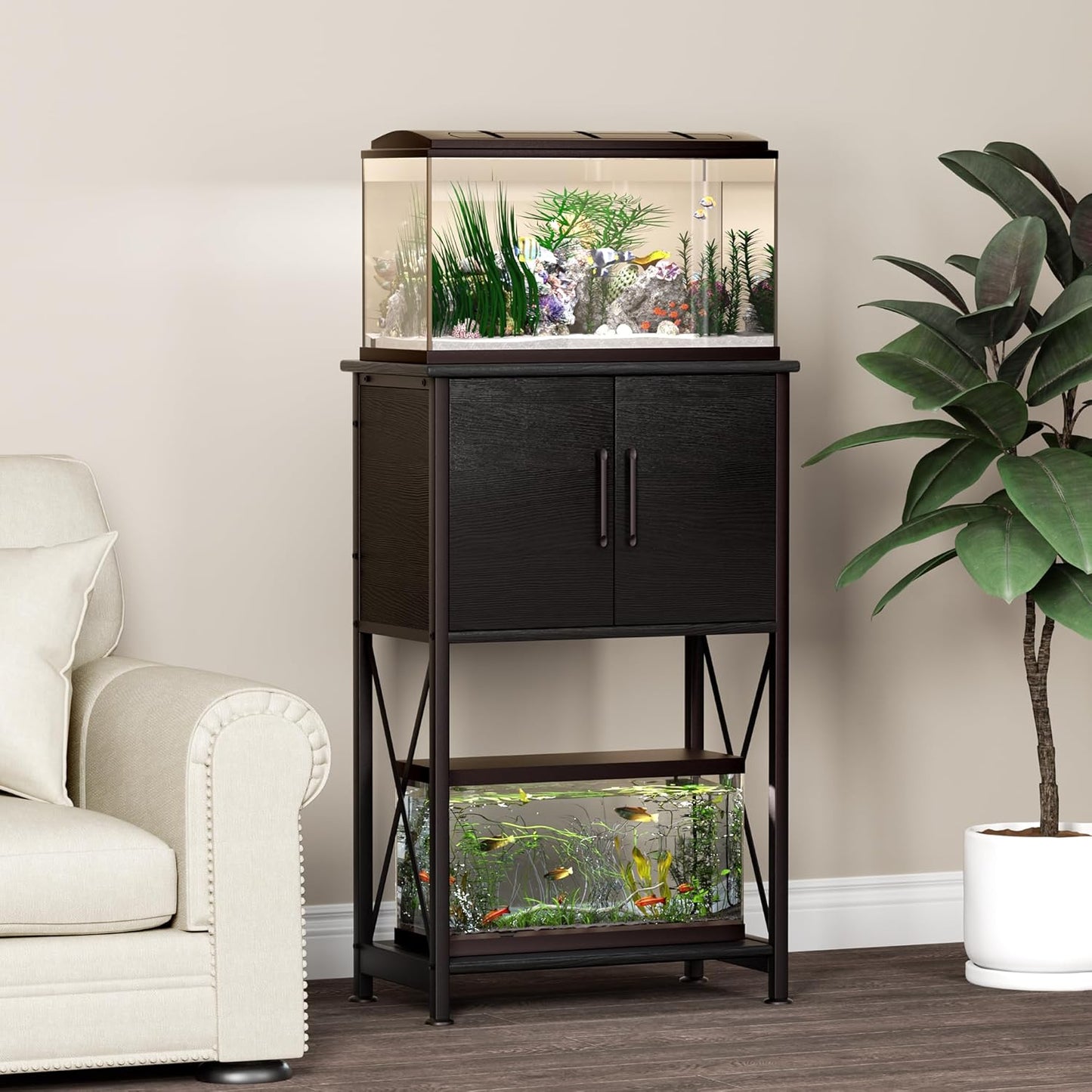 5-10 Gallon Fish Tank Stand, Metal Double Aquarium Stand with Cabinet for Fish Tank Accessories Storage, Heavy Duty 20.5" L* 11.02" W Tabletop, 500LBS Capacity Black PG06YGB