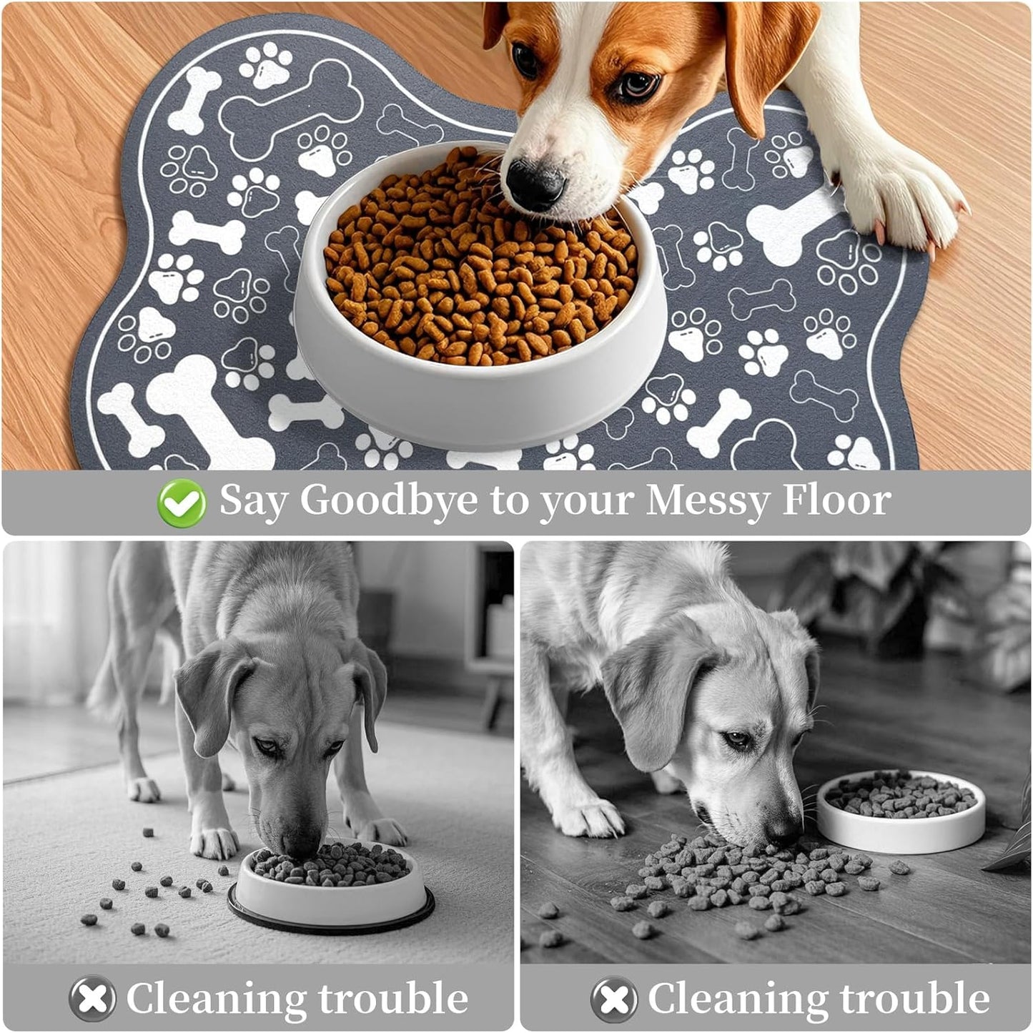 Dog & Cat Food Mat Bone Shaped Pet Feeding Mat Quick Absorb Water Bowl Placemat with Rubber Backing Indoor Floor Stain Resistant Pet Accessory Supplies (Dark Gray Small, 12x18 Inches)