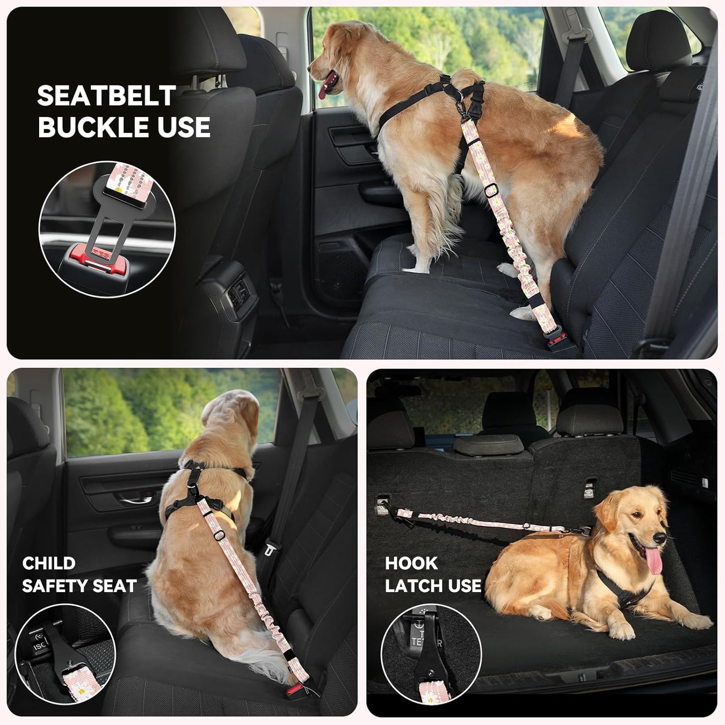 Pawaboo Dog Seatbelt for Car, 3-in-1 Dog Seat Belt Bungee, Shockproof Dogs Tether for Car with Buckle & Hook Latch, Adjustable Reflective Dogs Cars Harness Leash with 360° Lockable Buckle, Light Pink