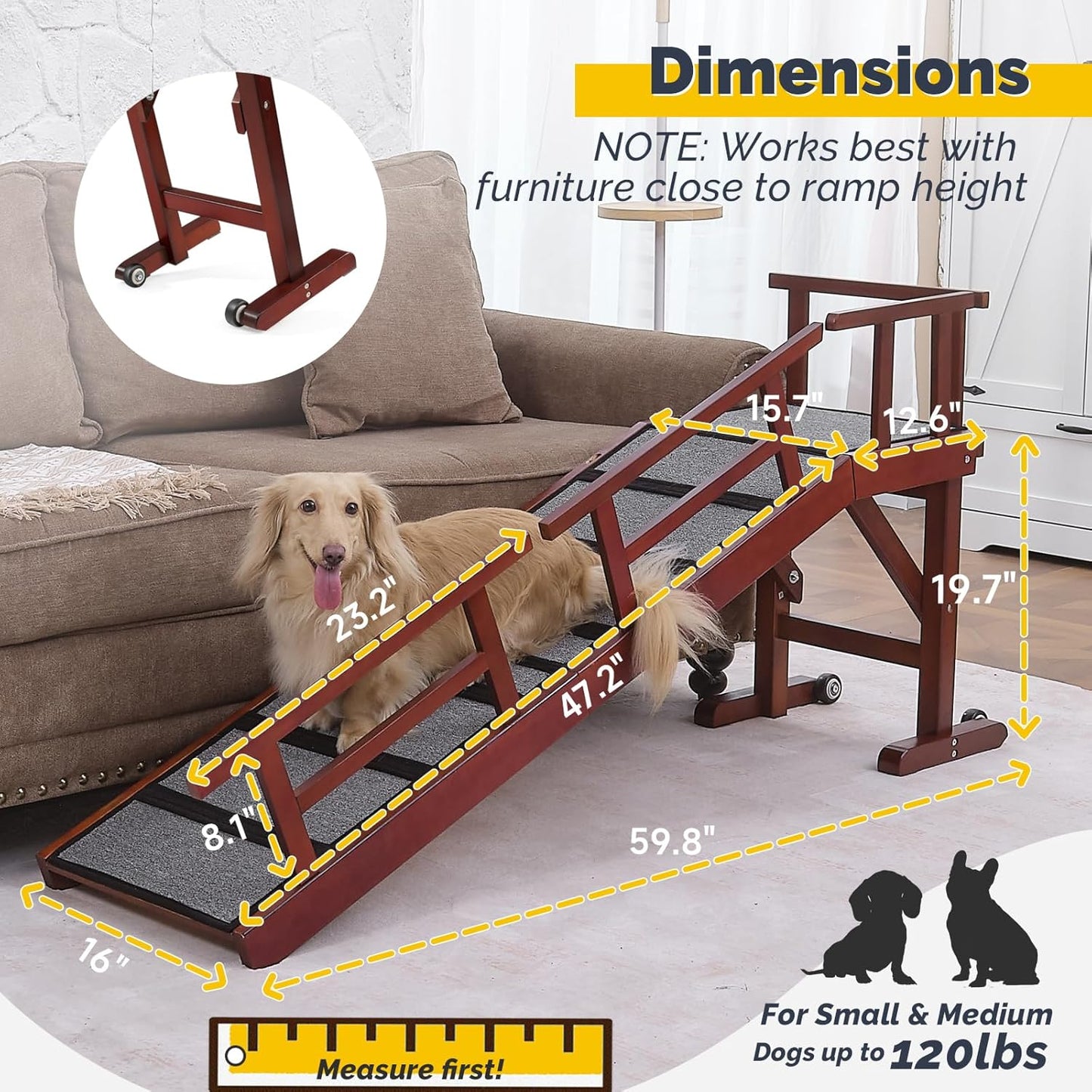 Dog Ramp for Bed or Couch, Wooden Pet Ramp with 20° Gentle Slope, Removable Side Rails, Non-Slip Surface, Top Platform & Wheels, Safe Bed Ramp for Small, Medium & Senior Dogs, 60" Long, Mahogany