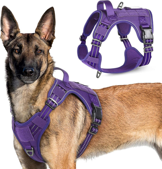 rabbitgoo Tactical Dog Harness for Large Dogs, No Pull Military Service Vest with Handle & Molle, Easy Control for Training Walking, Adjustable Reflective Straps, Purple, XL