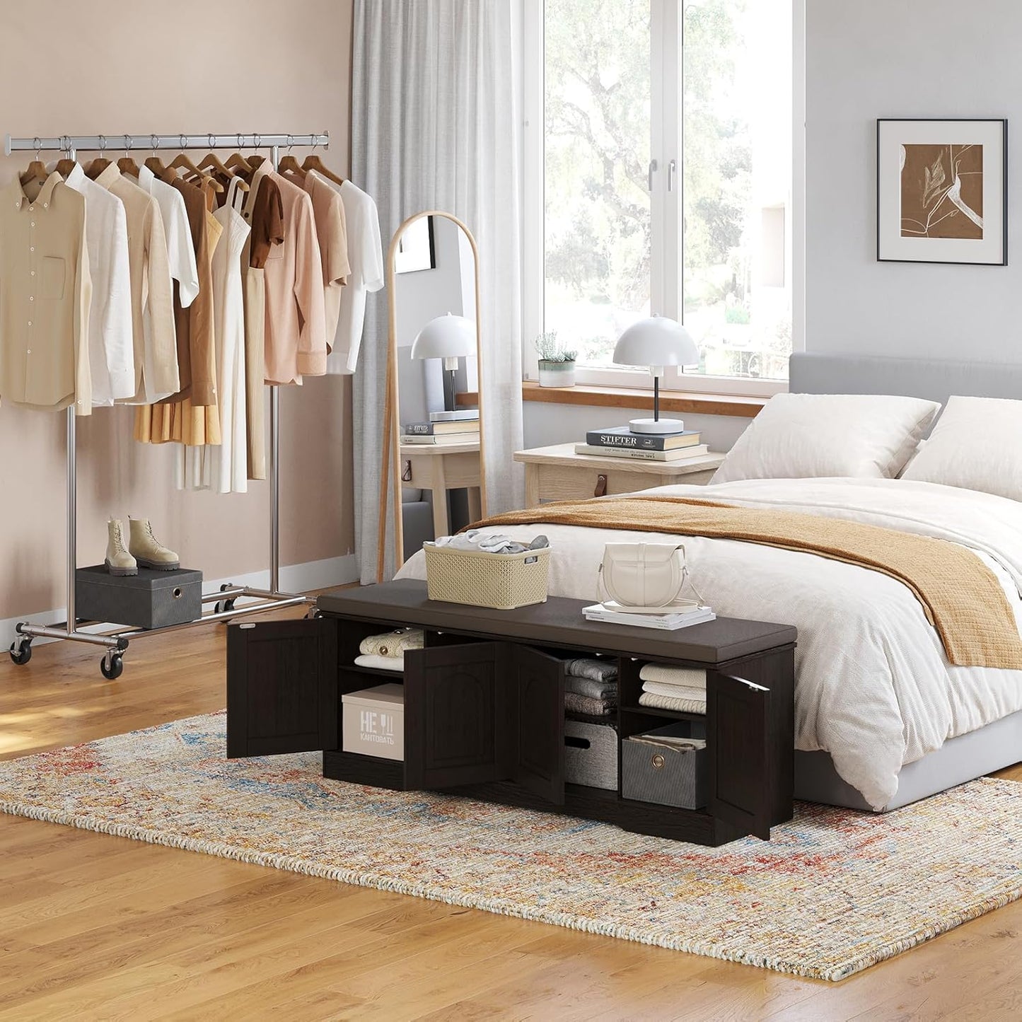 DINZI LVJ Shoe Bench, Entryway Storage Bench with Doors, Cushion, 2-Tier Shoe Rack with 8-Cubby, 47.2”L x 13.8”W Shoe Organizer Cabinet, Adjustable Shelf, Living Room, Bedroom, Espresso