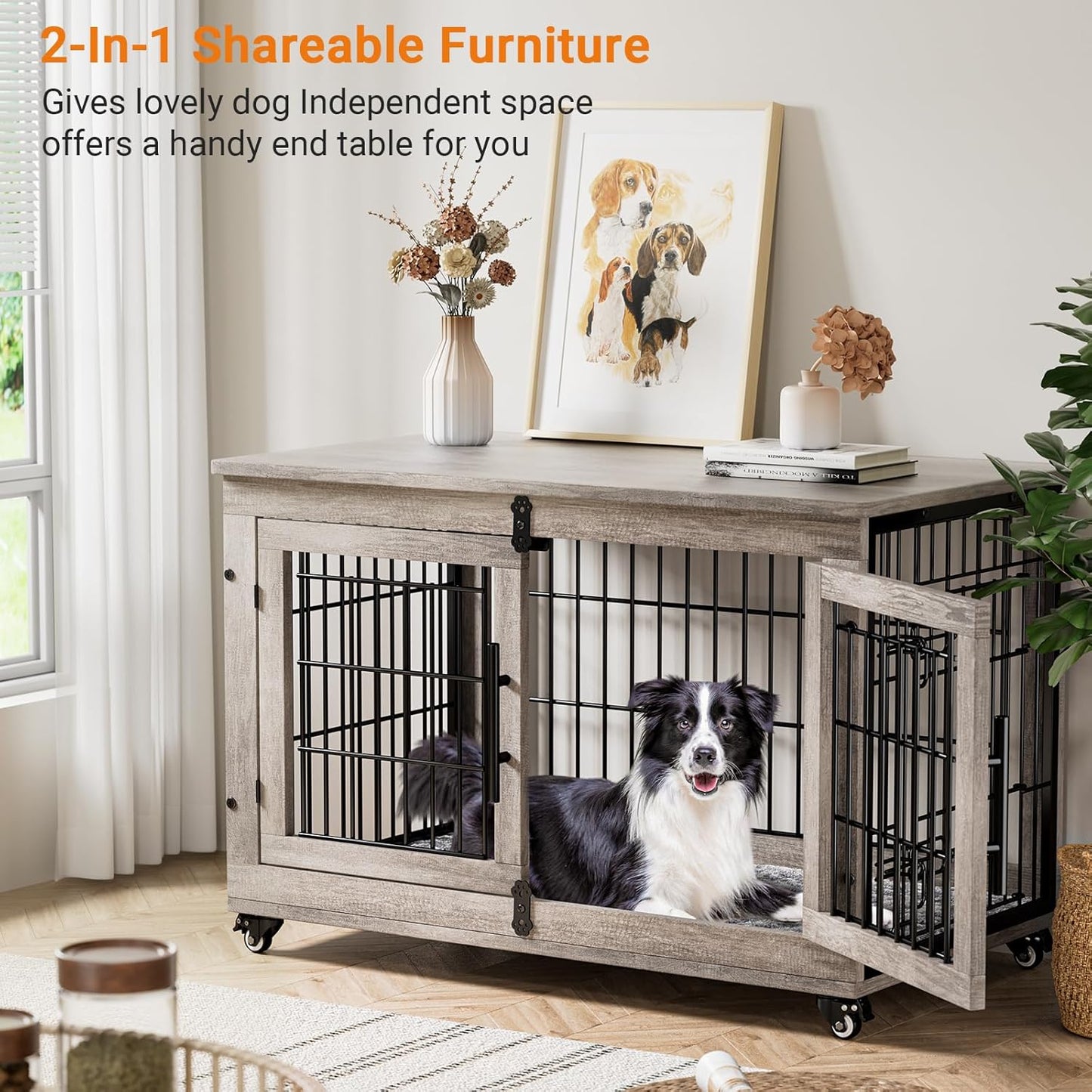 Lulive Large Dog Crate Furniture, 38'' Wooden Dog Crate End Table, Double Door Dog Kennel Indoor with Cushion & Wheels, Decorative Dog Cage House Chew-Resistant for Large/Medium, Grey