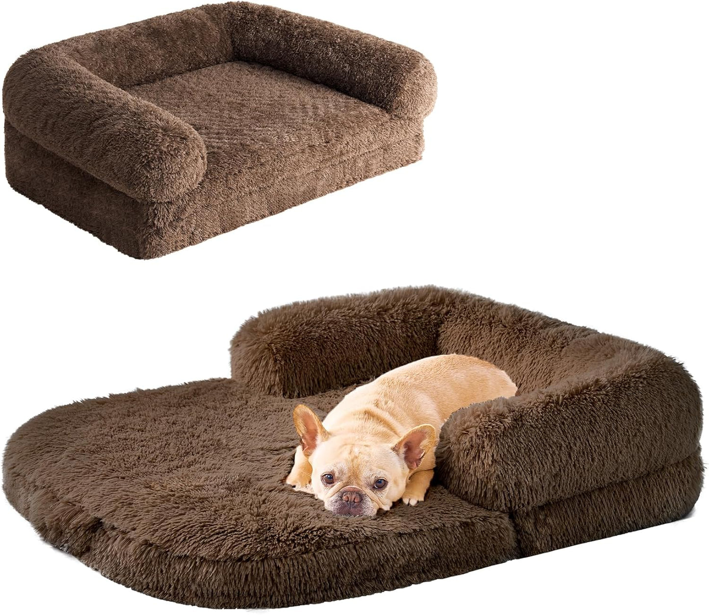 EHEYCIGA Foldable Dog Bed, Faux Fur Fluffy Dog Couch Bed, Orthopedic Calming Memory Foam Pet Bed for Small Dogs, Washable Soft Warm Pet Sofa Bed with Non-Slip Bottom, Brown, 40"x30"x6"