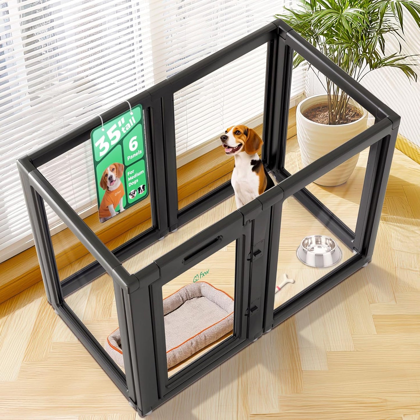 FXW AuraSpace Acrylic Indoor Unleashed Dog Playpen for Medium Dogs, 35 Inch, 6 Panels, Black