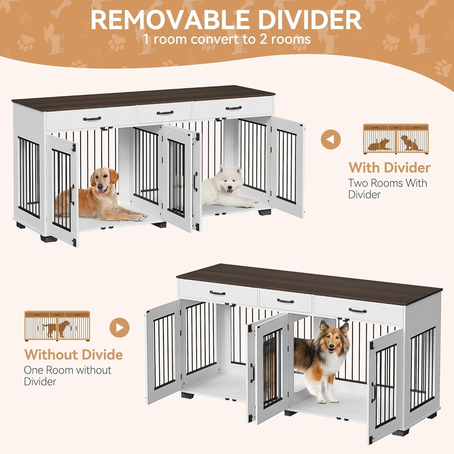 71'' Dog Crate Furniture, Wooden Indoor Dog Kennel for 2 Dogs with 3 Drawers and Removable Room Divider, XXL Double Dog Crate TV Stand End Table with Double Doors for Large Medium Dogs, White