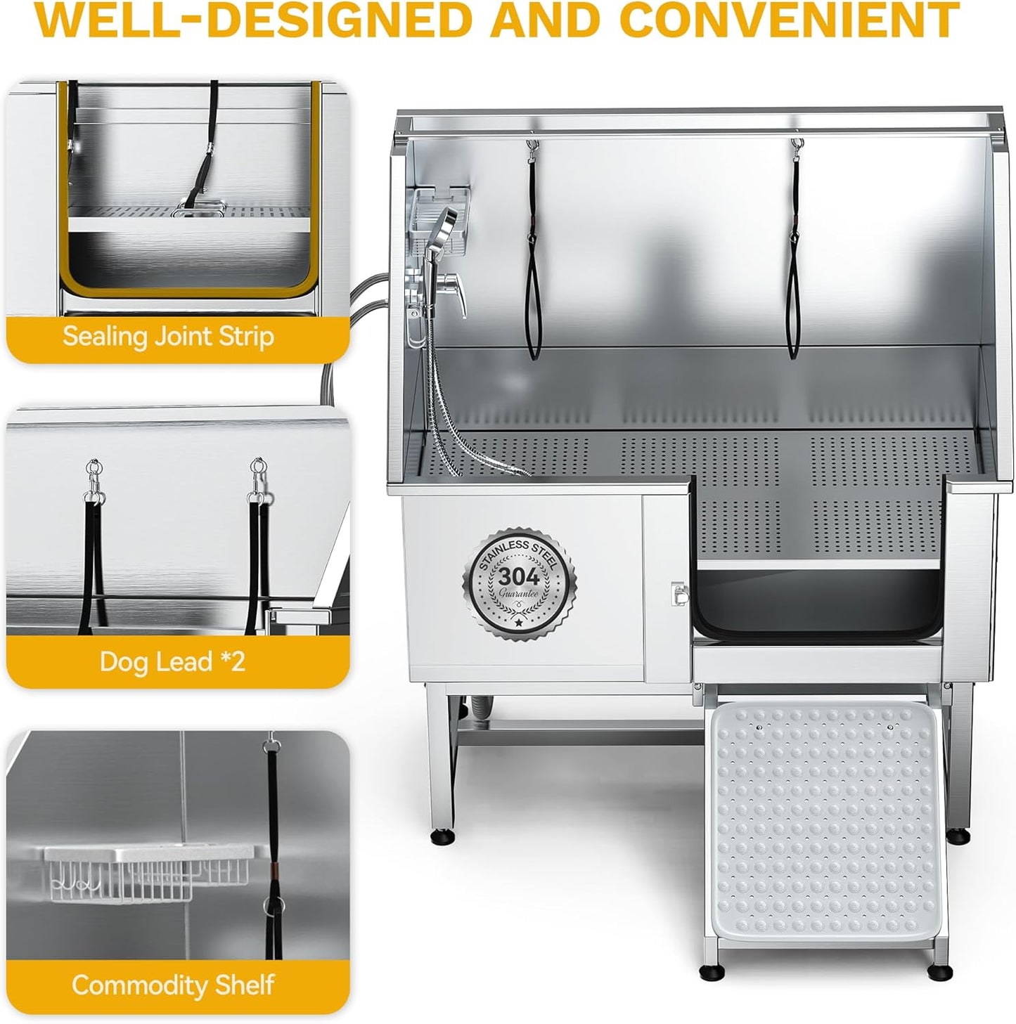 DWVO Professional Pet Dog Bathing Station for Grooming, 50'' Dog Grooming Bathtub with Right Ramp, Floor Grate, Faucet, Showerhead & Soap Holder for Large, Medium & Small Pets