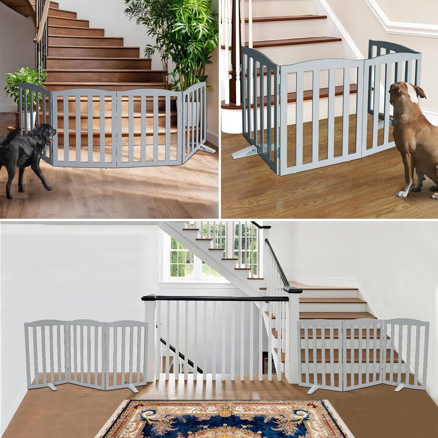 ZJSF Foldable Freestanding Indoor Dog Gate for House Wood Long Pet Gates Dog Fence for Stairs Puppy Gates for Hallways, Puppy Gate,Support Feet Included, Grey, 32 "Height-6 Panels