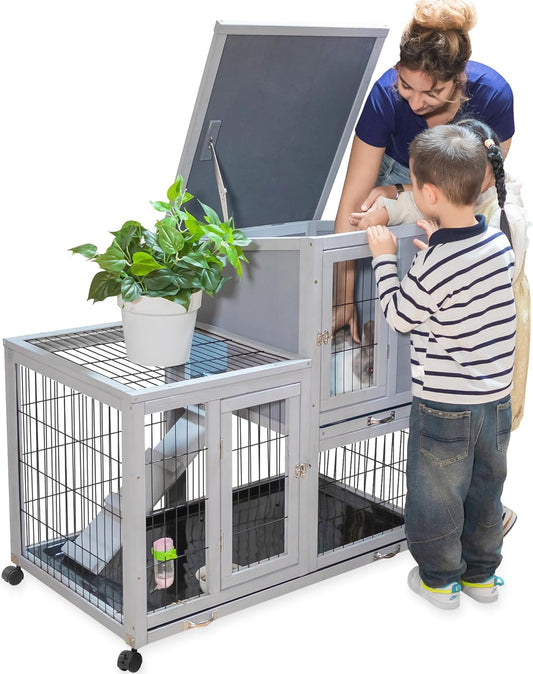 Rabbit Hutch Indoor Outdoor Bunny Cage 39" L Large 2-Story Wooden Small Animal House Enclosure with Wheels, 2 Removable Trays, Waterproof Openable Roof, Grey
