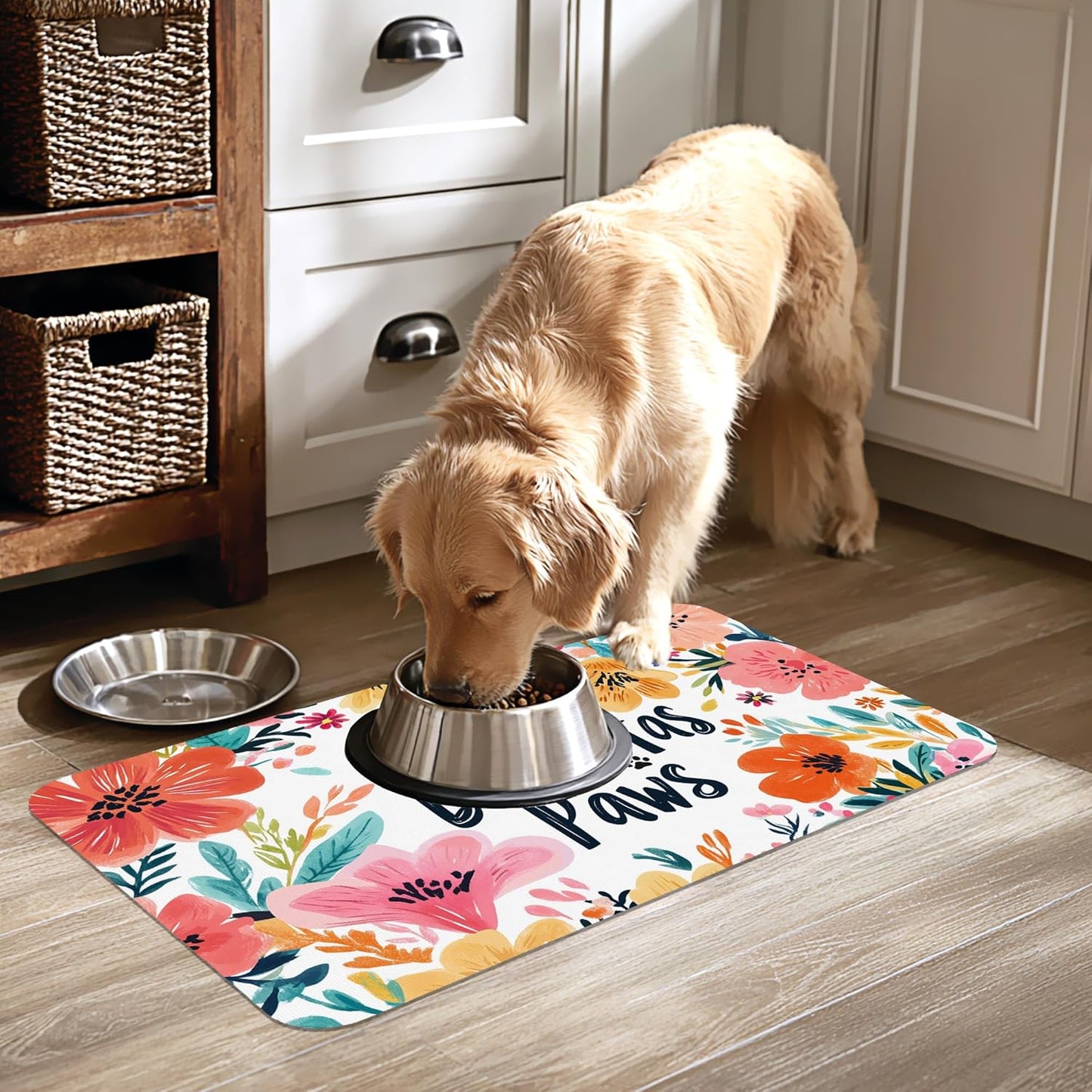 True Love Floral Dog Cat Food Mat-Absorbent Placemat for Food and Water Bowl, Waterproof Non Slip Rubber Backing Dog Food Mats for Floors, Pet Supplies 16 * 24 inch