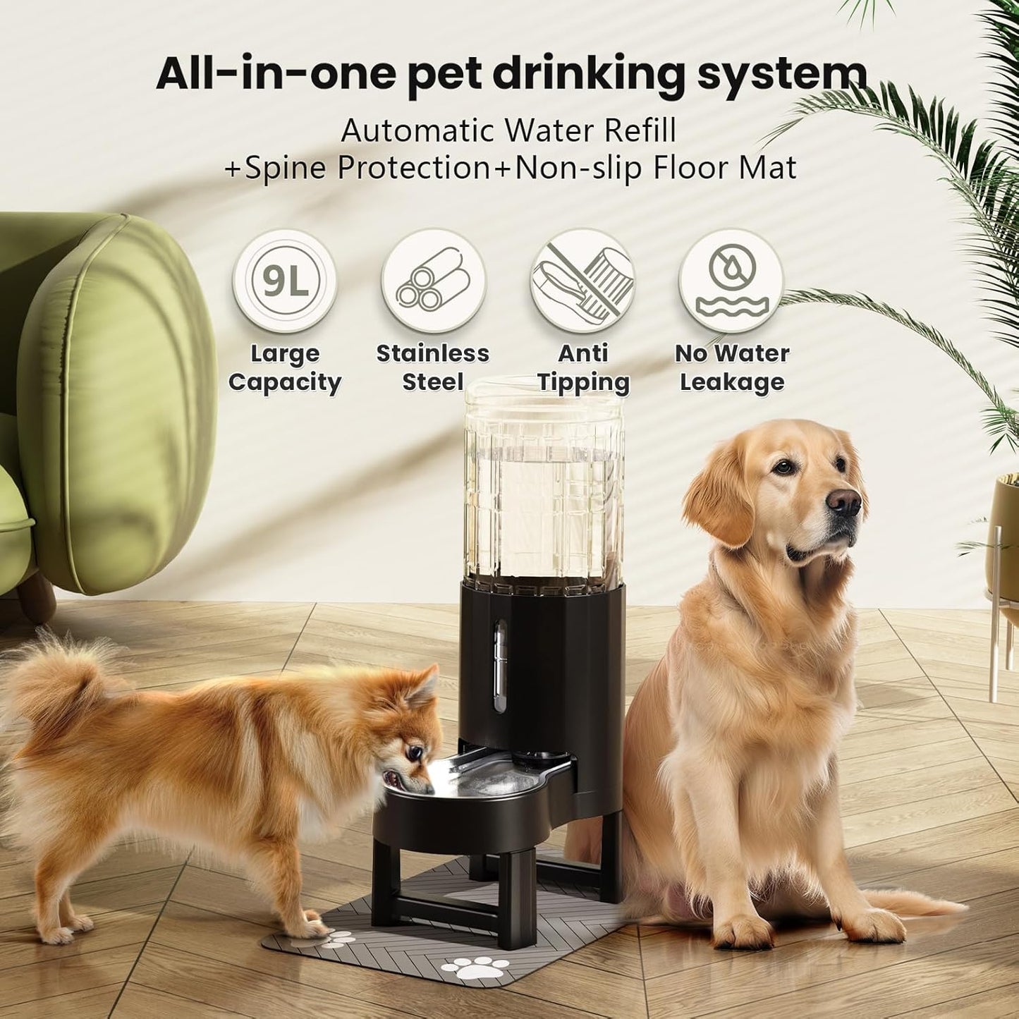 CZPET Elevated Dog Water Bowl Dispenser with Mat for Large Dogs,Tall Raised Pet Waterer Stand,Relieve Neck Pressure,Large Capacity and Drinking Area Noise-Free for Pets (9L+Stand+Mat)